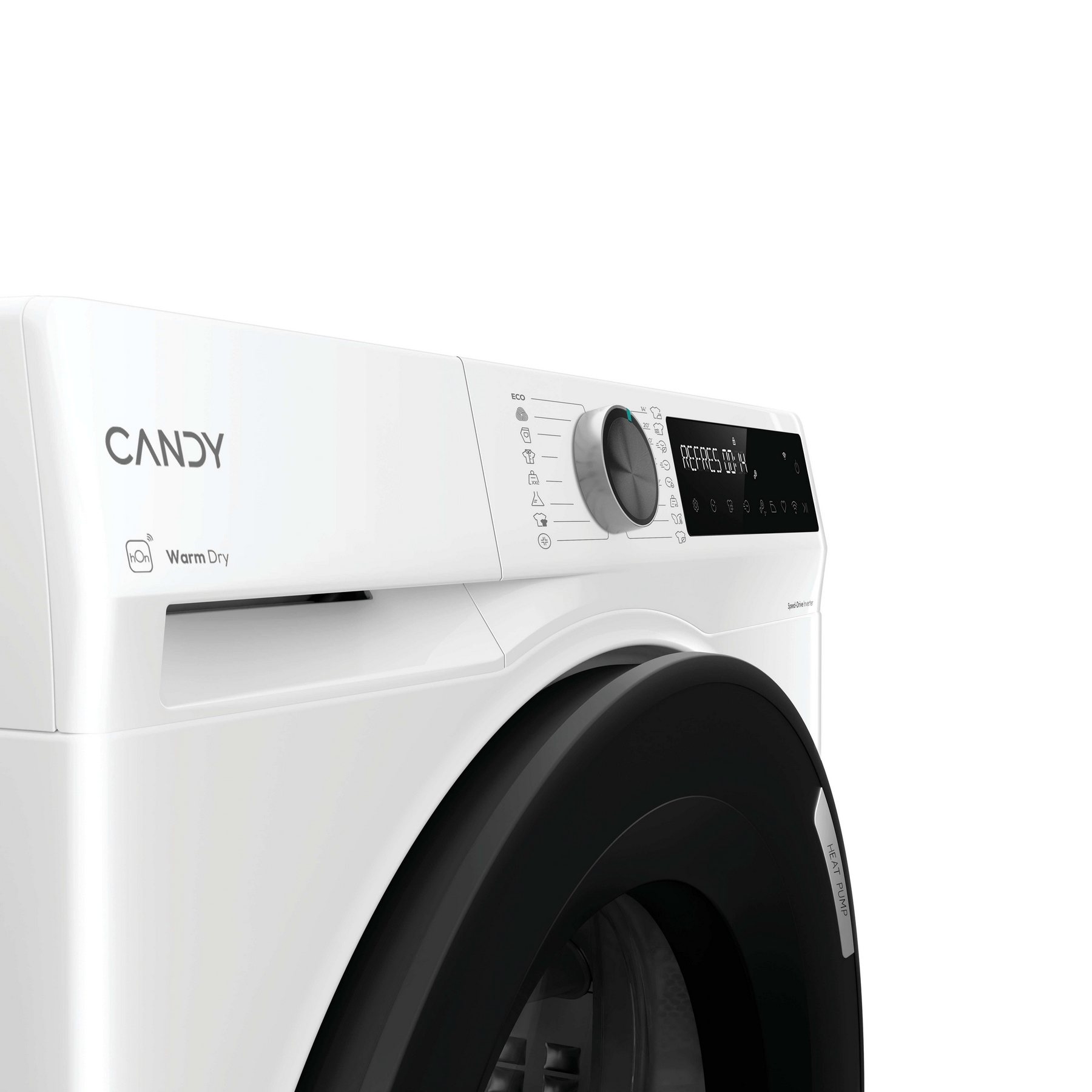 Lavatrice Candy bianca. Porta nera con 'HEAT PUMP'. Display mostra 'REFRES 00:14'. Pannello comandi con icone.