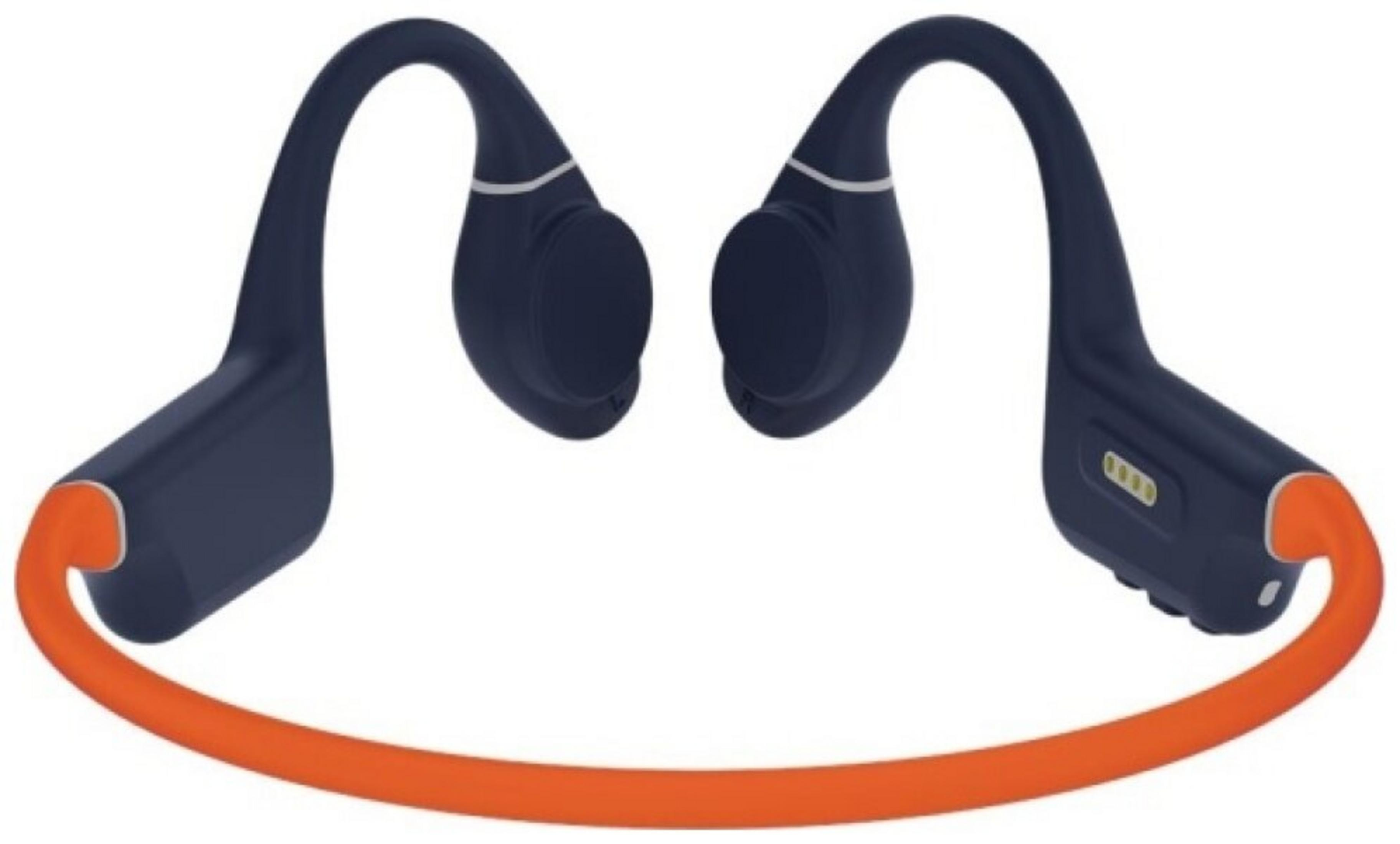 Cuffie a conduzione ossea blu navy con fascia arancione. Sfondo bianco. I pezzi auricolari si incurvano sulle orecchie.