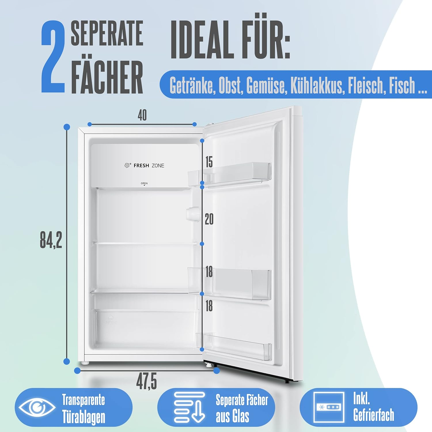 Ein weißer Kühlschrank mit geöffneter Tür, der Regale und Abmessungen zeigt. Text hebt Funktionen und Anwendungen wie Getränke und Gemüse hervor.