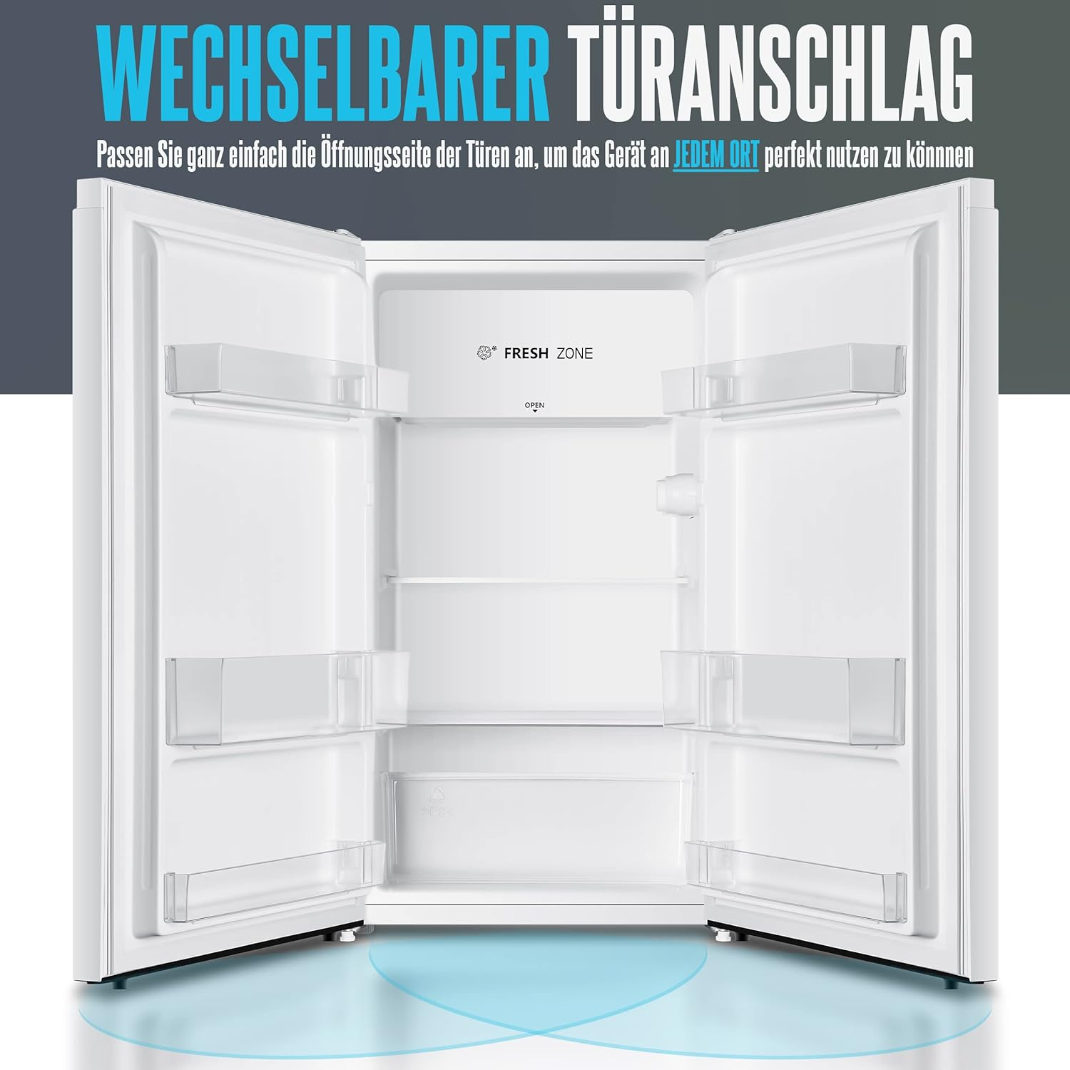 Offener weißer Kühlschrank mit Regalen und einer Frischhaltezone. Oben steht 'WECHSELBARER TÜRANSCHLAG'.