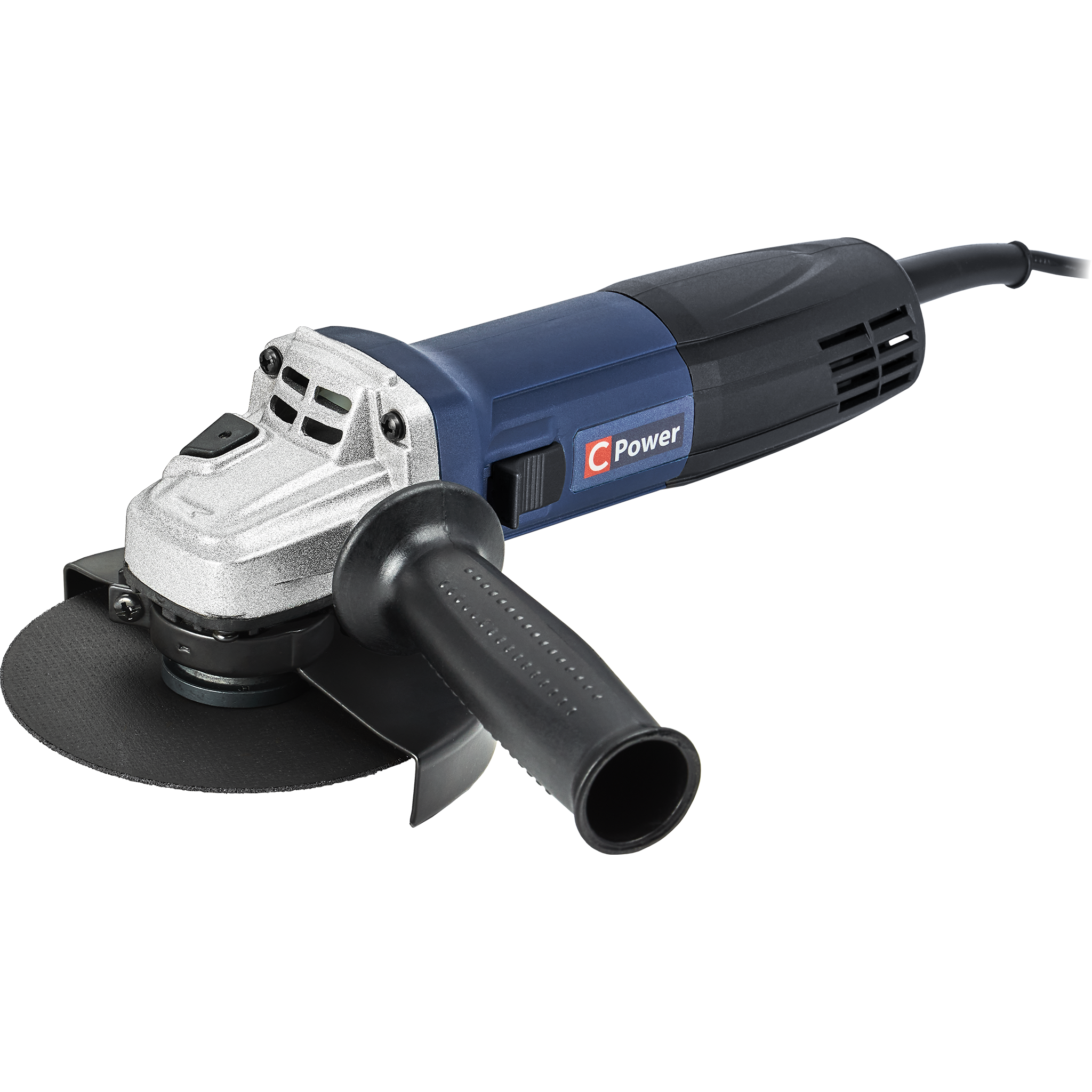 Szlifierka kątowa z czarną tarczą, czarnym uchwytem i niebiesko-czarnym korpusem. Marka to C Power.
