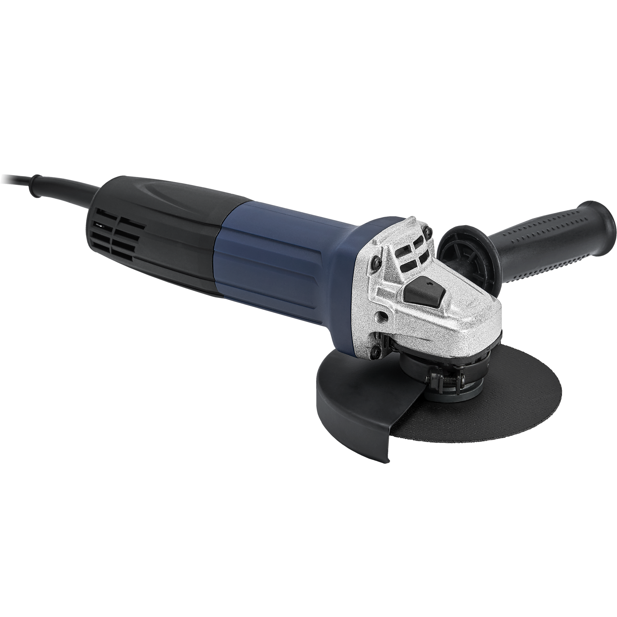 Szlifierka kątowa. Niebieski i srebrny korpus, czarny uchwyt, tarcza. Na białym tle.