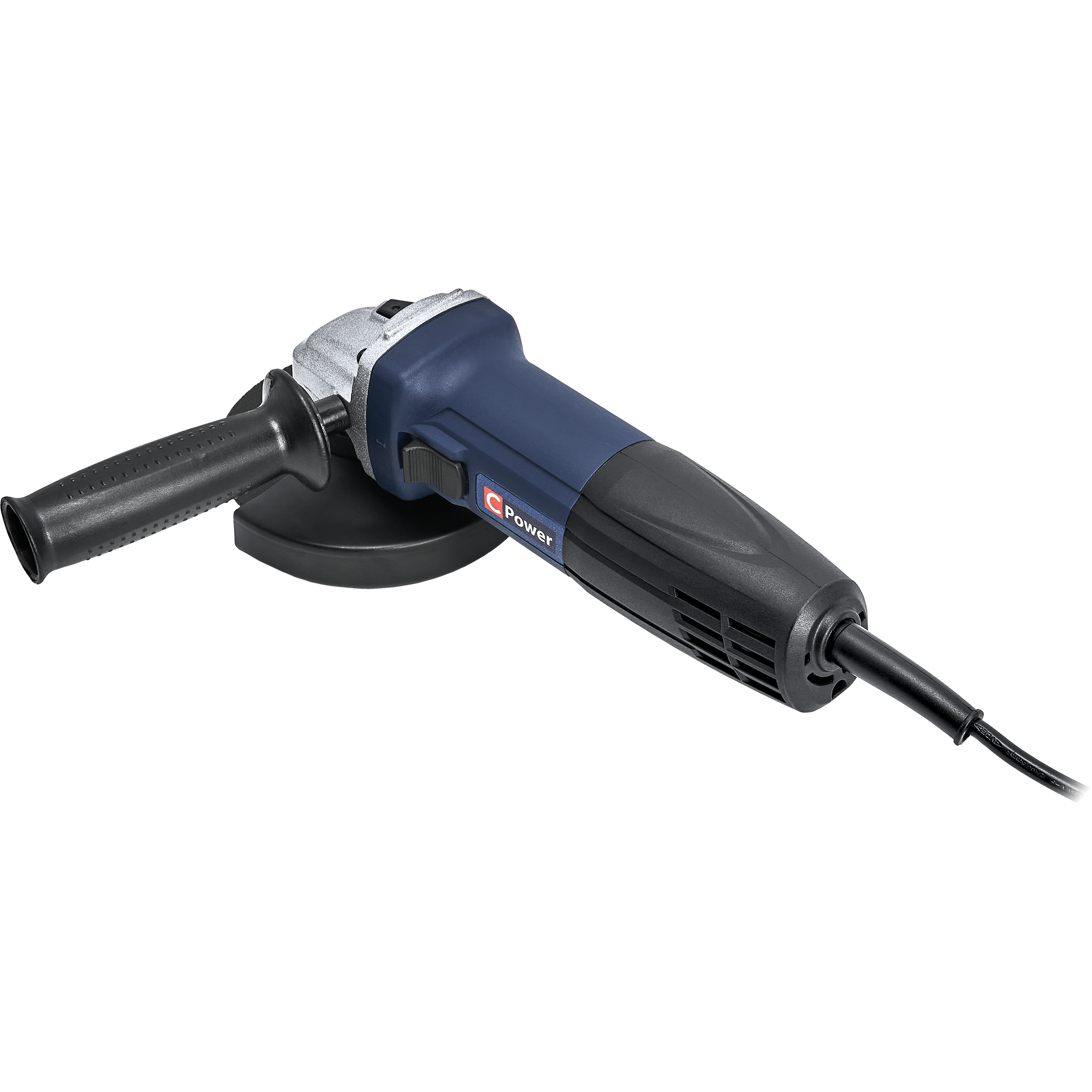 Elektryczna szlifierka kątowa. Ma niebiesko-czarny korpus, czarny uchwyt i czarny przewód zasilający.