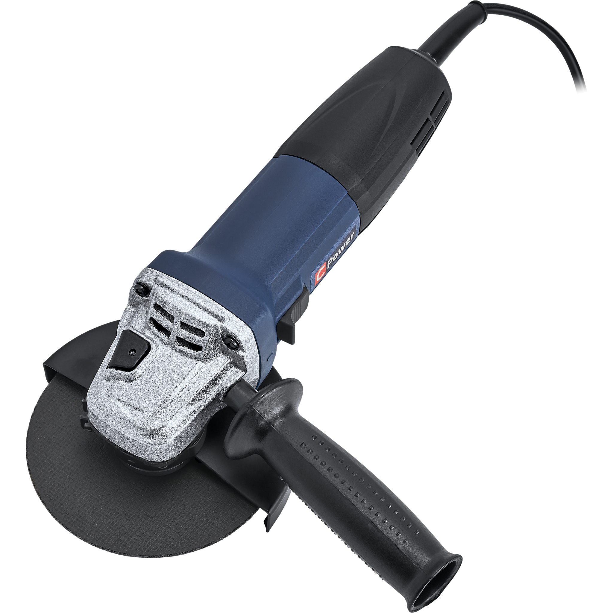 Szlifierka kątowa z czarną tarczą i uchwytami. Korpus jest niebieski i srebrny.