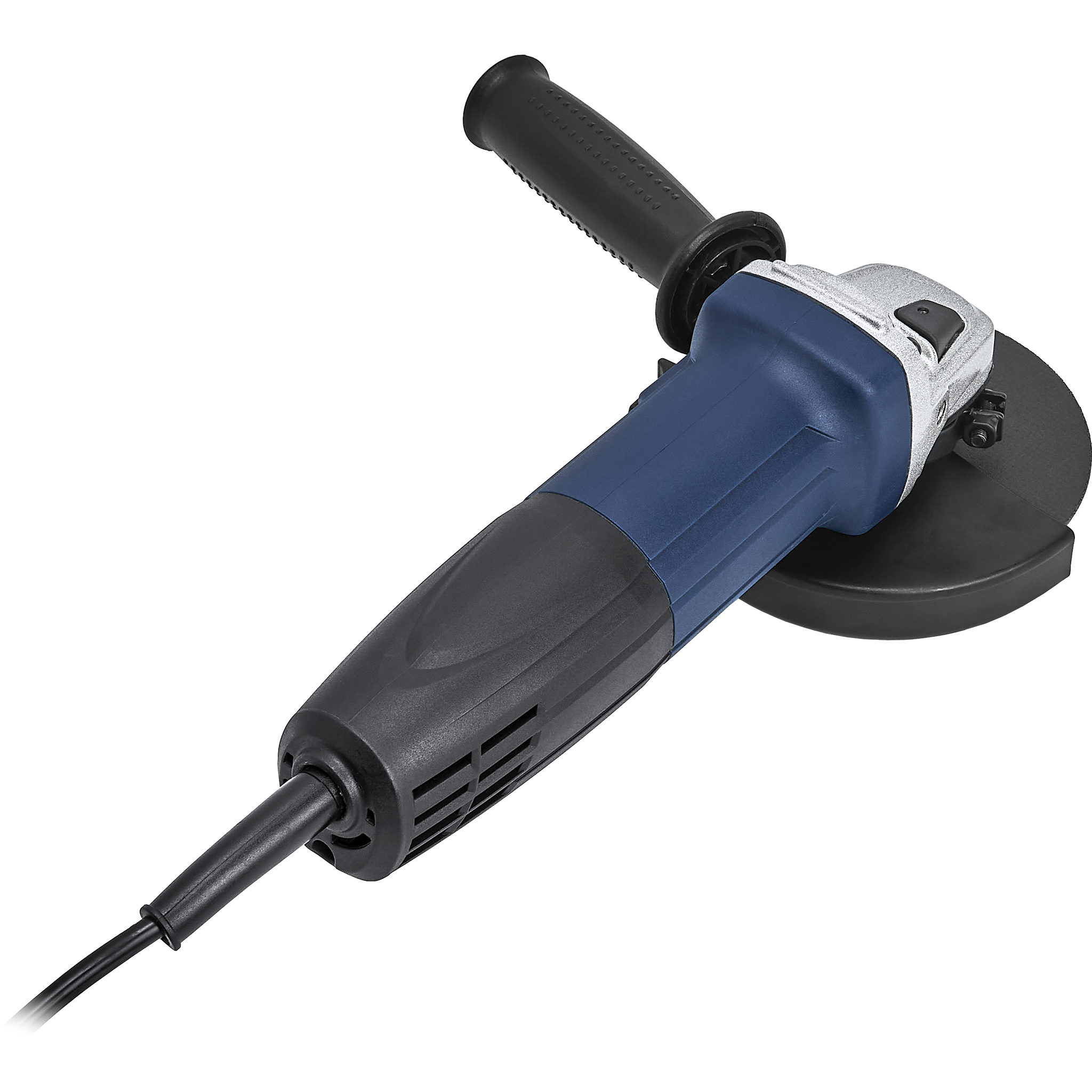 Szlifierka kątowa. Niebieski korpus, czarny uchwyt i tarcza. Przewód zasilający jest podłączony.