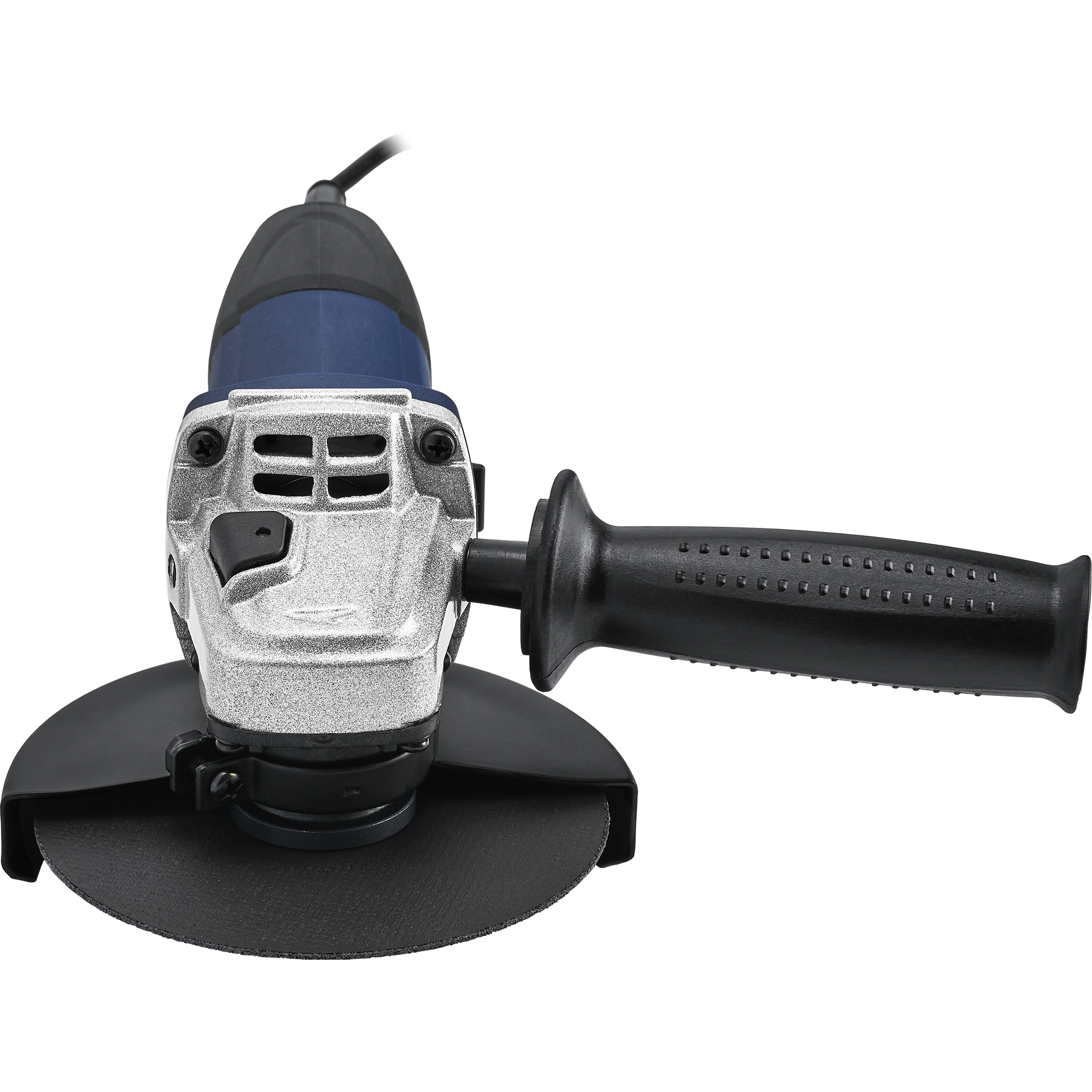 Szlifierka kątowa, srebrny i niebieski korpus z czarną tarczą i uchwytem. Izolowana na białym tle.