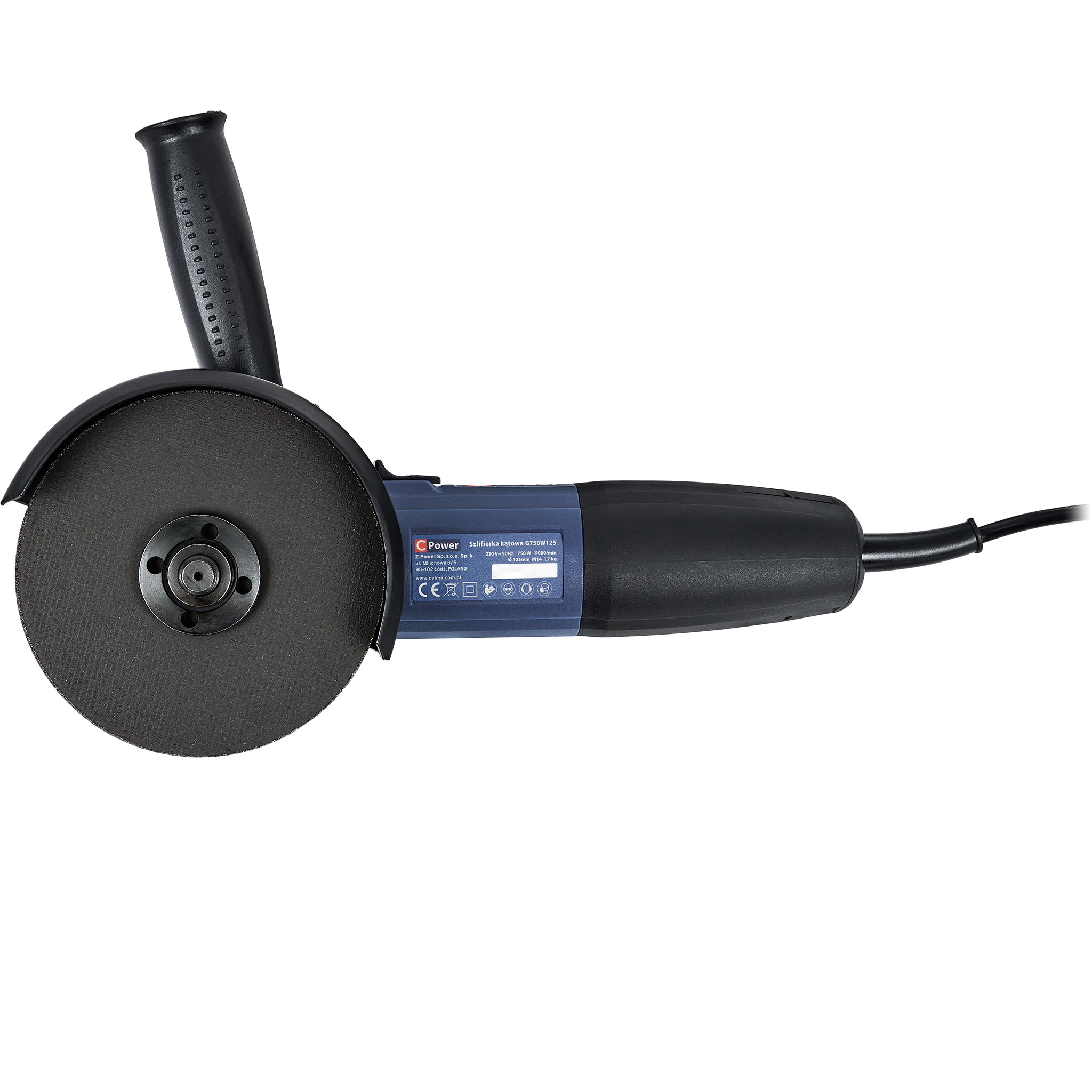 Szlifierka kątowa, czarny korpus, czarna tarcza, czarny uchwyt, niebieska etykieta z białym tekstem. Na białym tle.