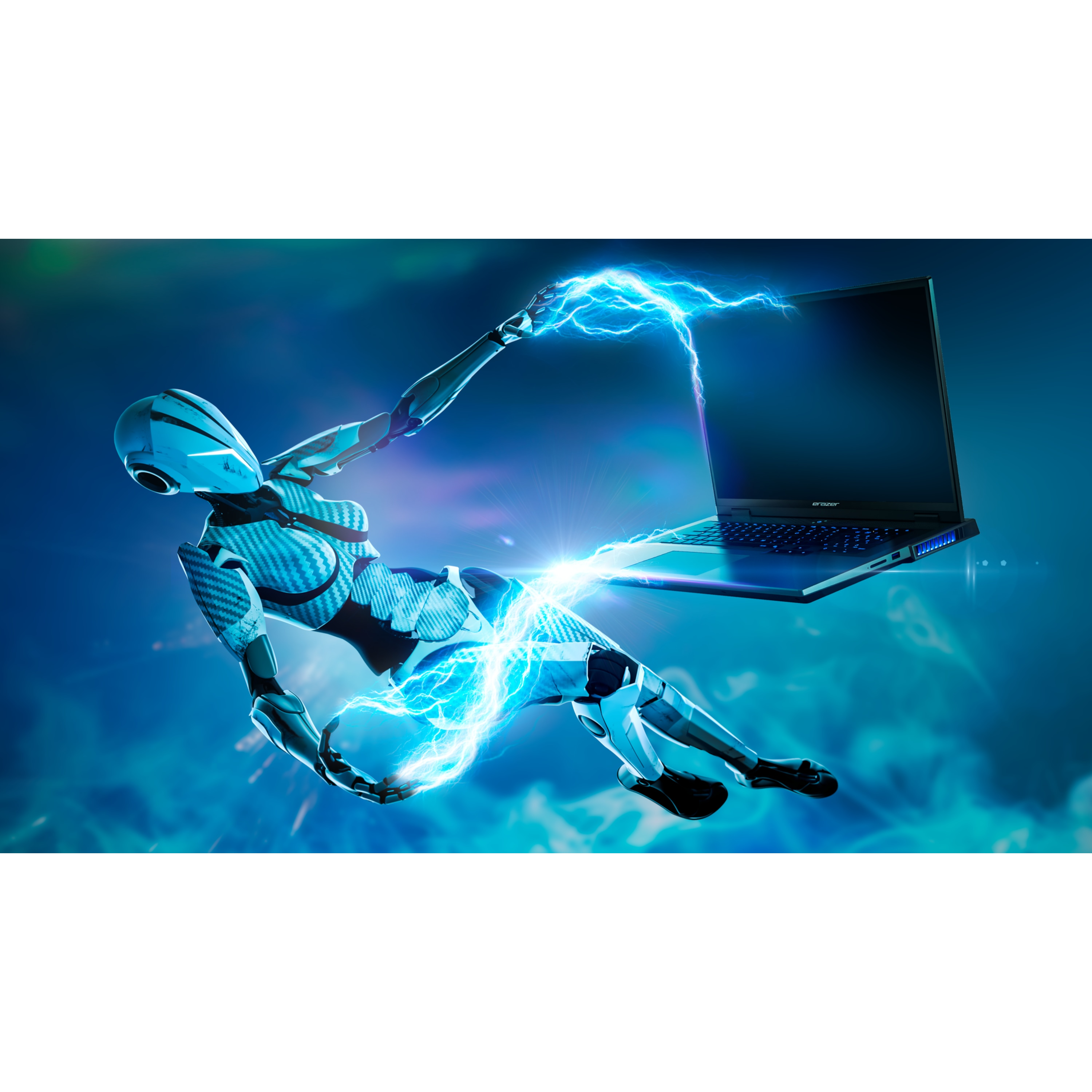 Ein Cyborg ist mit Elektrizität mit einem Laptop verbunden. Die Szene hat blaue und weiße Farben.