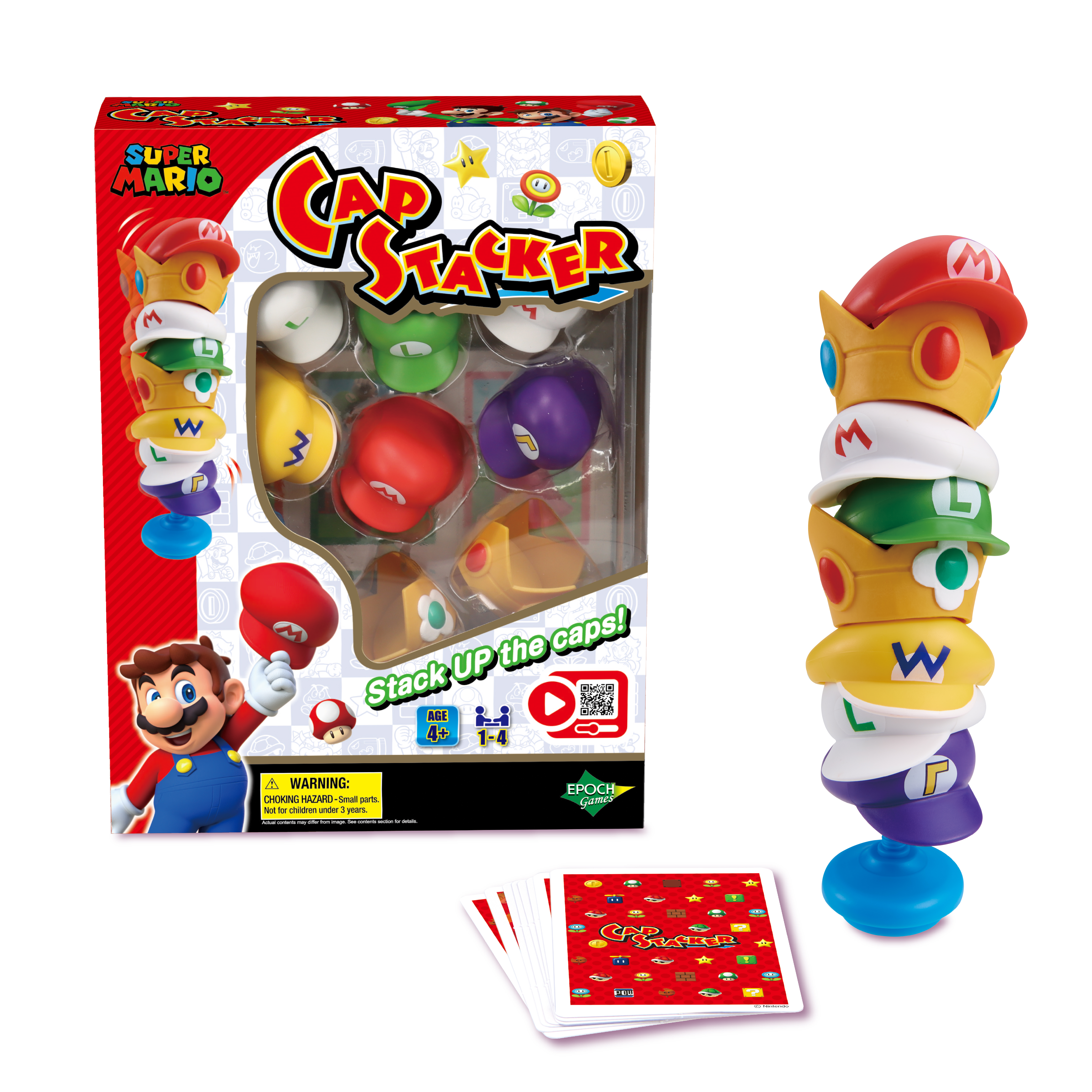 Una caja del juego Super Mario Cap Stacker y tapas apiladas sobre fondo blanco. Hay cartas delante.