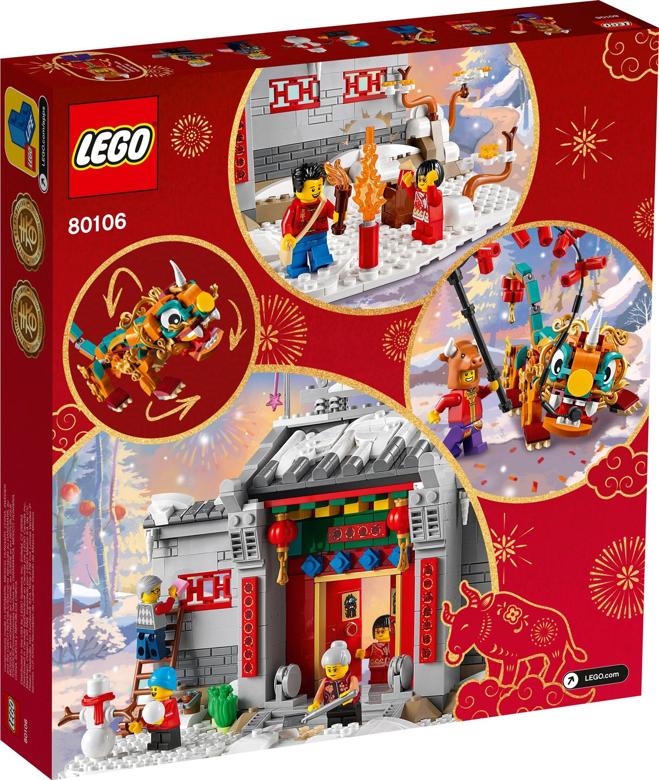 LEGO kutusu Çin Yeni Yılı sahnesini gösteriyor. Kırmızı ve altın vurgularla figürler, ejderhalar ve binalar gösteriliyor.