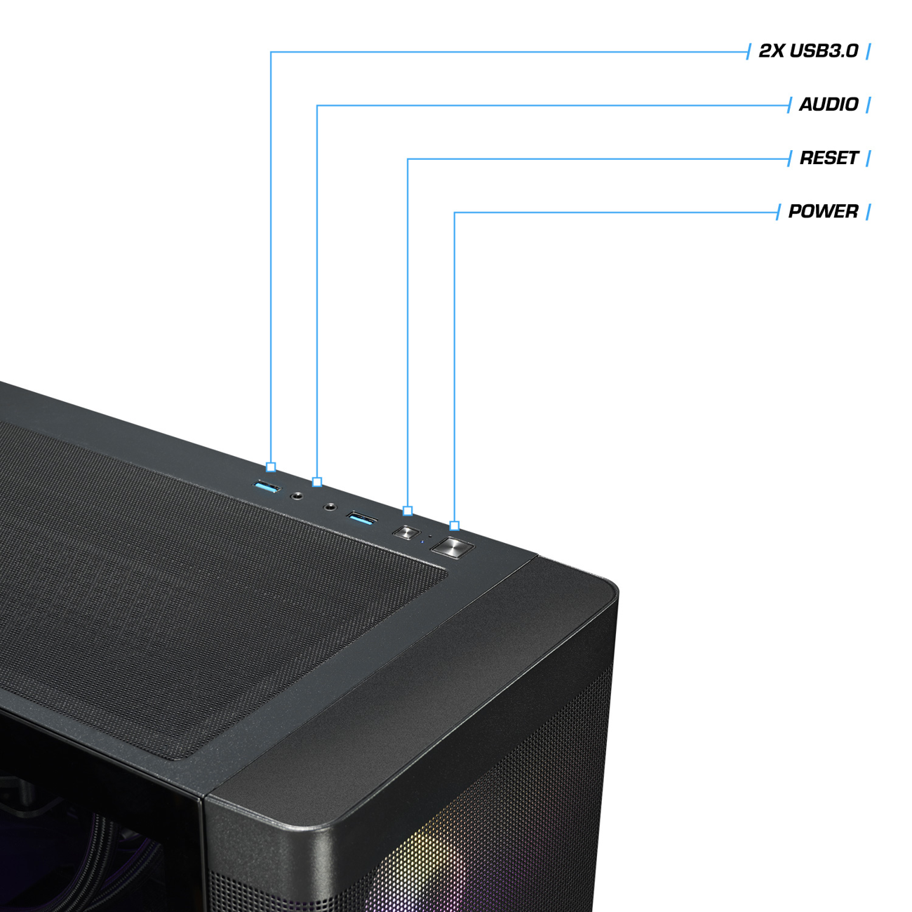 Oberseite eines Computergehäuses mit Beschriftungen: 2x USB3.0, Audio, Reset und Power. Das Gehäuse ist schwarz.
