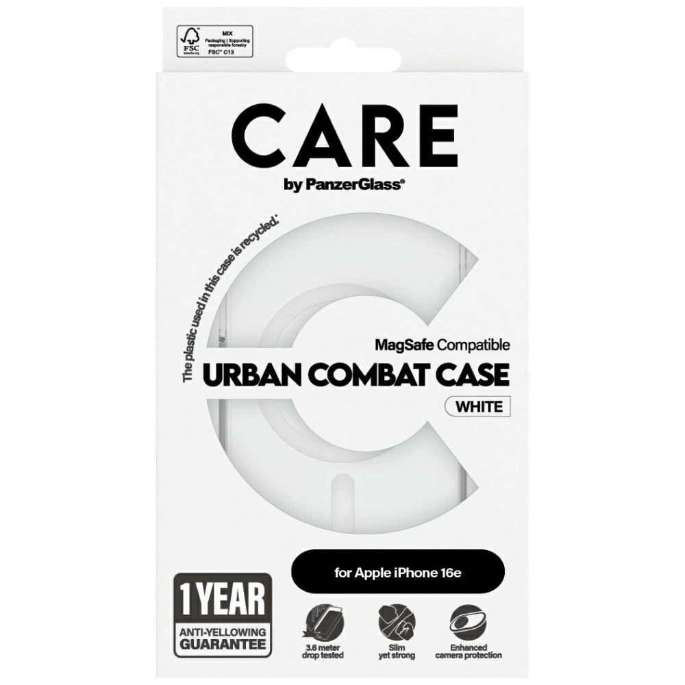 Una scatola bianca di custodia per telefono con le parole 'CARE' e 'URBAN COMBAT CASE'. Ha icone per il test di caduta e la protezione della fotocamera.