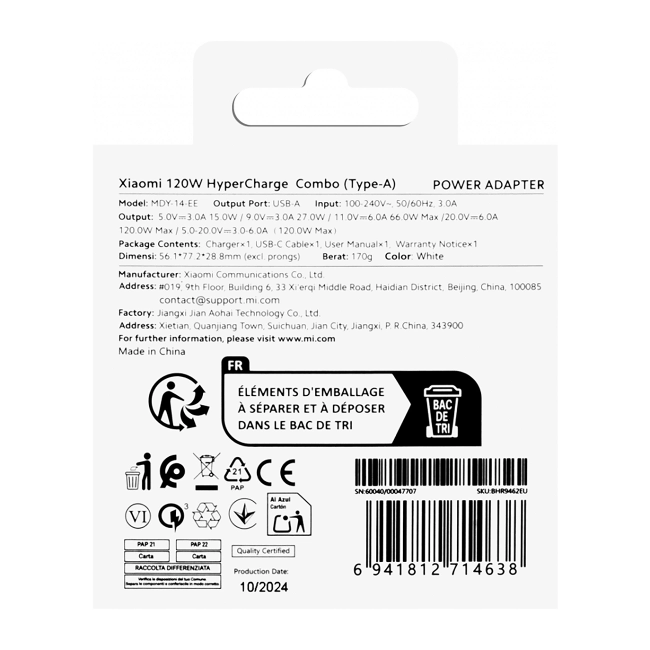 Białe pudełko Xiaomi 120W HyperCharge Combo z tekstem i symbolami recyklingu. Zawiera ładowarkę, kabel USB i instrukcję obsługi.