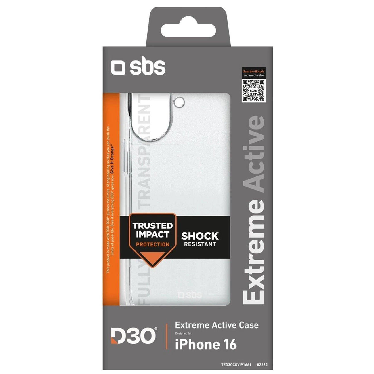 Eine Handyhüllenverpackung mit der Marke "sbs". Es enthält die Wörter "TRANSPARENT", "Extreme Active" und "iPhone 16".