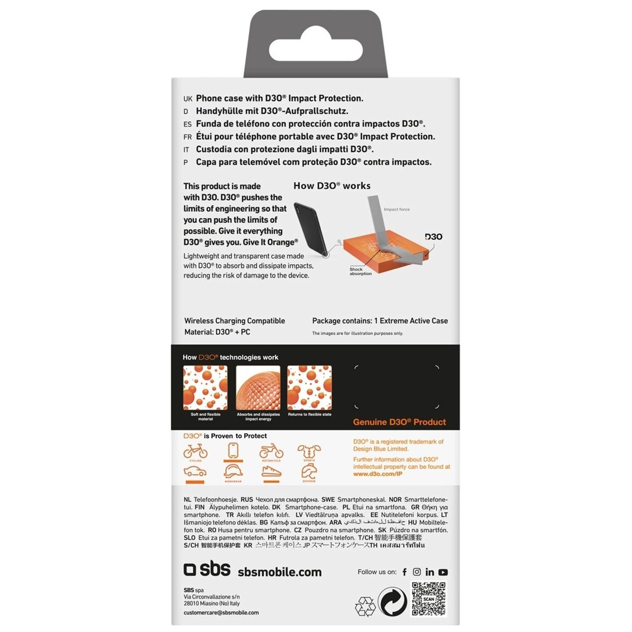 Produktbox mit Handyhülle-Details. Zeigt D3O-Schutz, kabelloses Laden und ein Diagramm.
