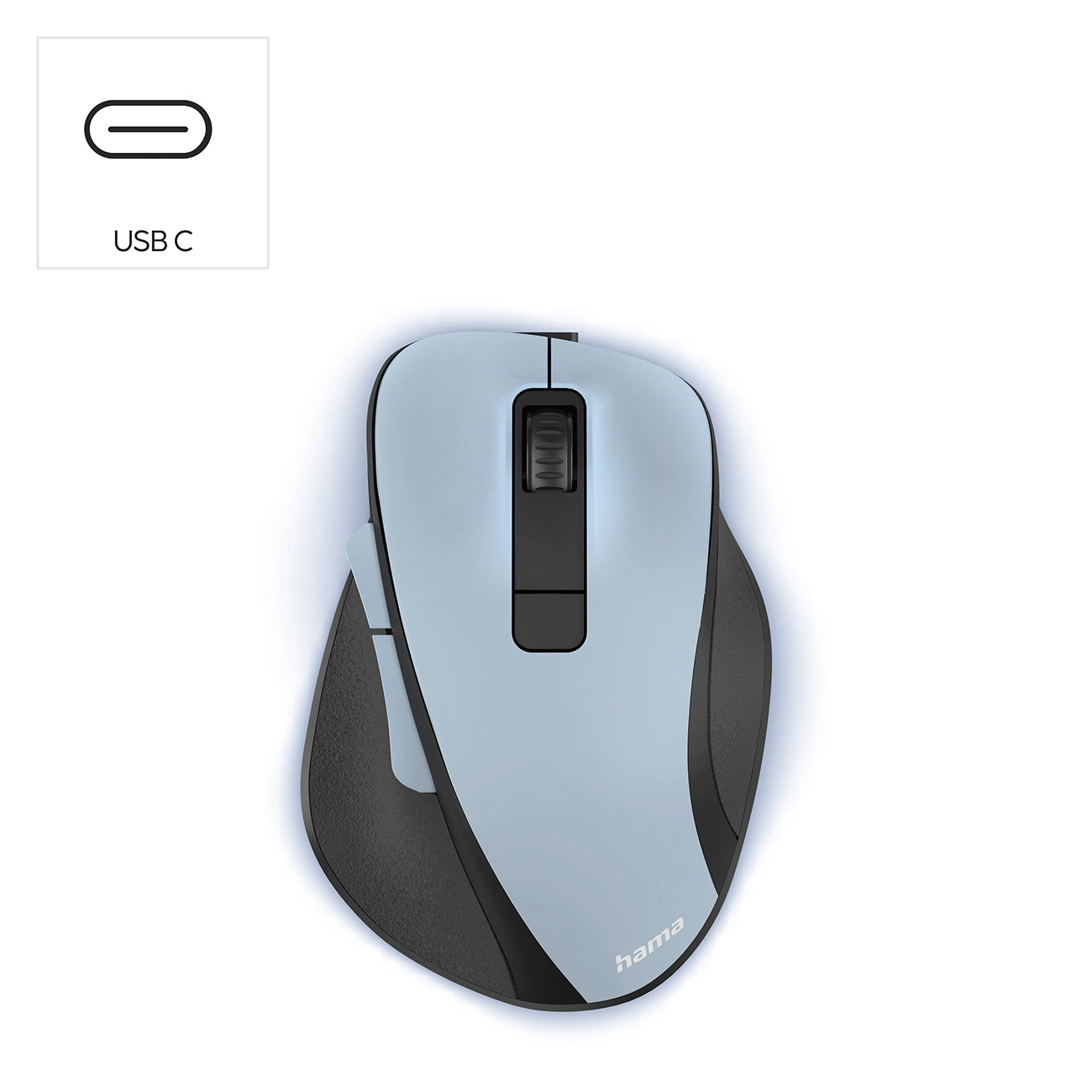 Un mouse ergonomico blu chiaro e nero con un simbolo USB-C e il logo Hama su sfondo bianco.