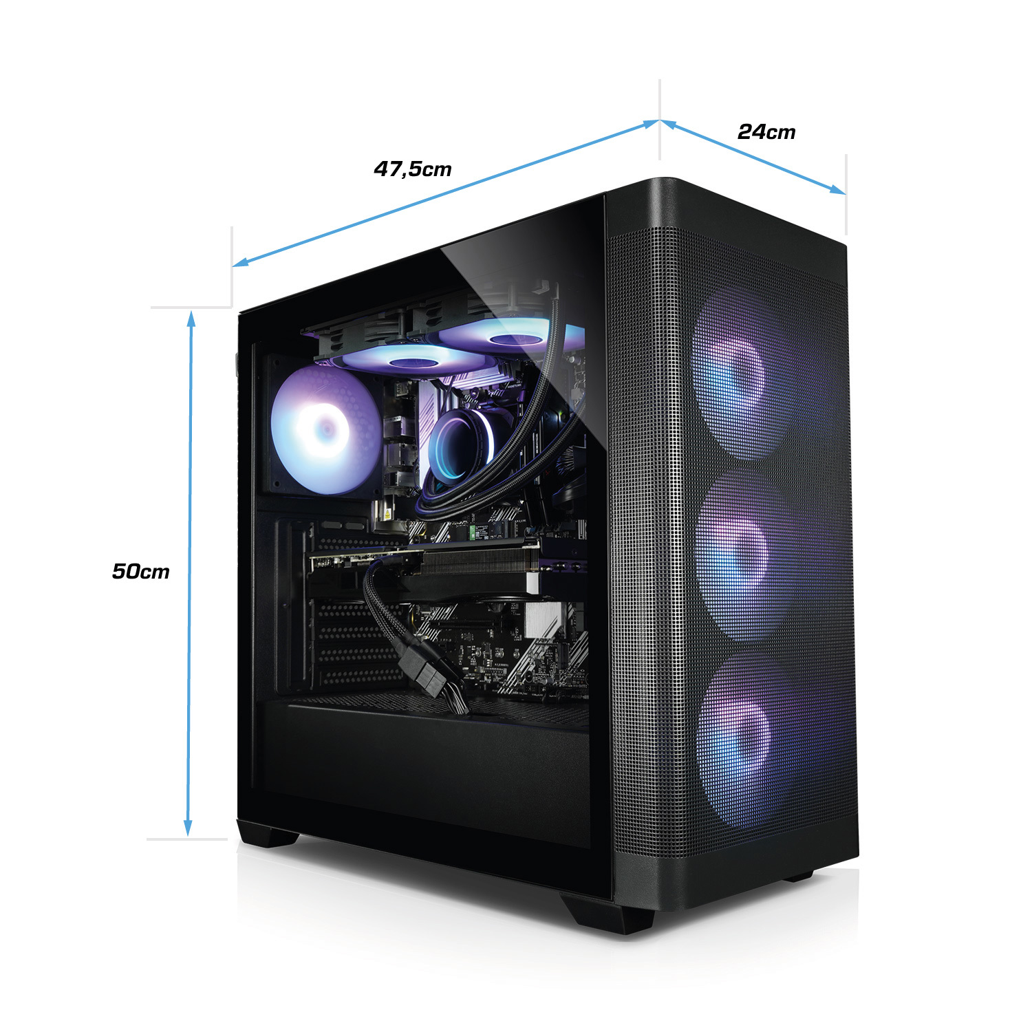 Ein Computerturm mit Glasseitenwand, Abmessungen beschriftet. Innenraum mit blauem und violettem Licht beleuchtet. Frontlüfter haben ebenfalls Lichter.