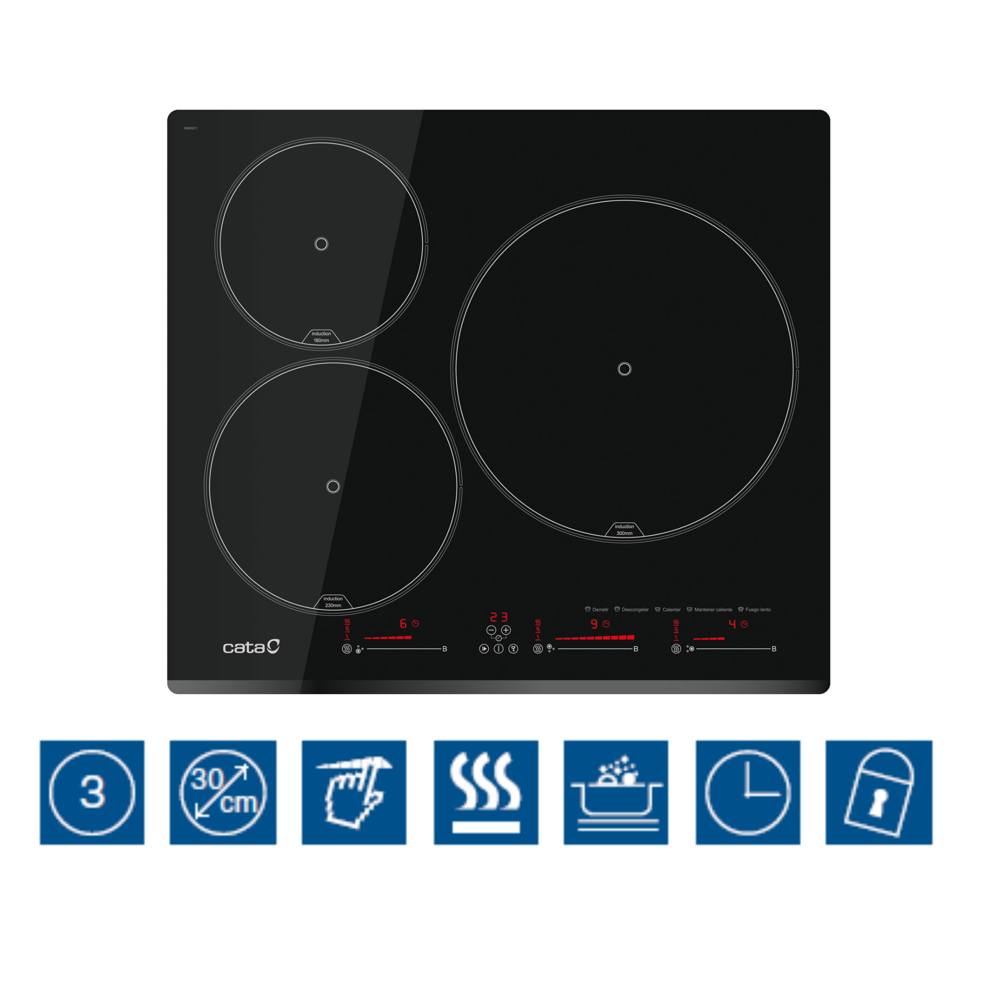 Placa de inducción negra con tres zonas de cocción, panel de control e iconos. Tiene un logotipo de marca e iconos de función.