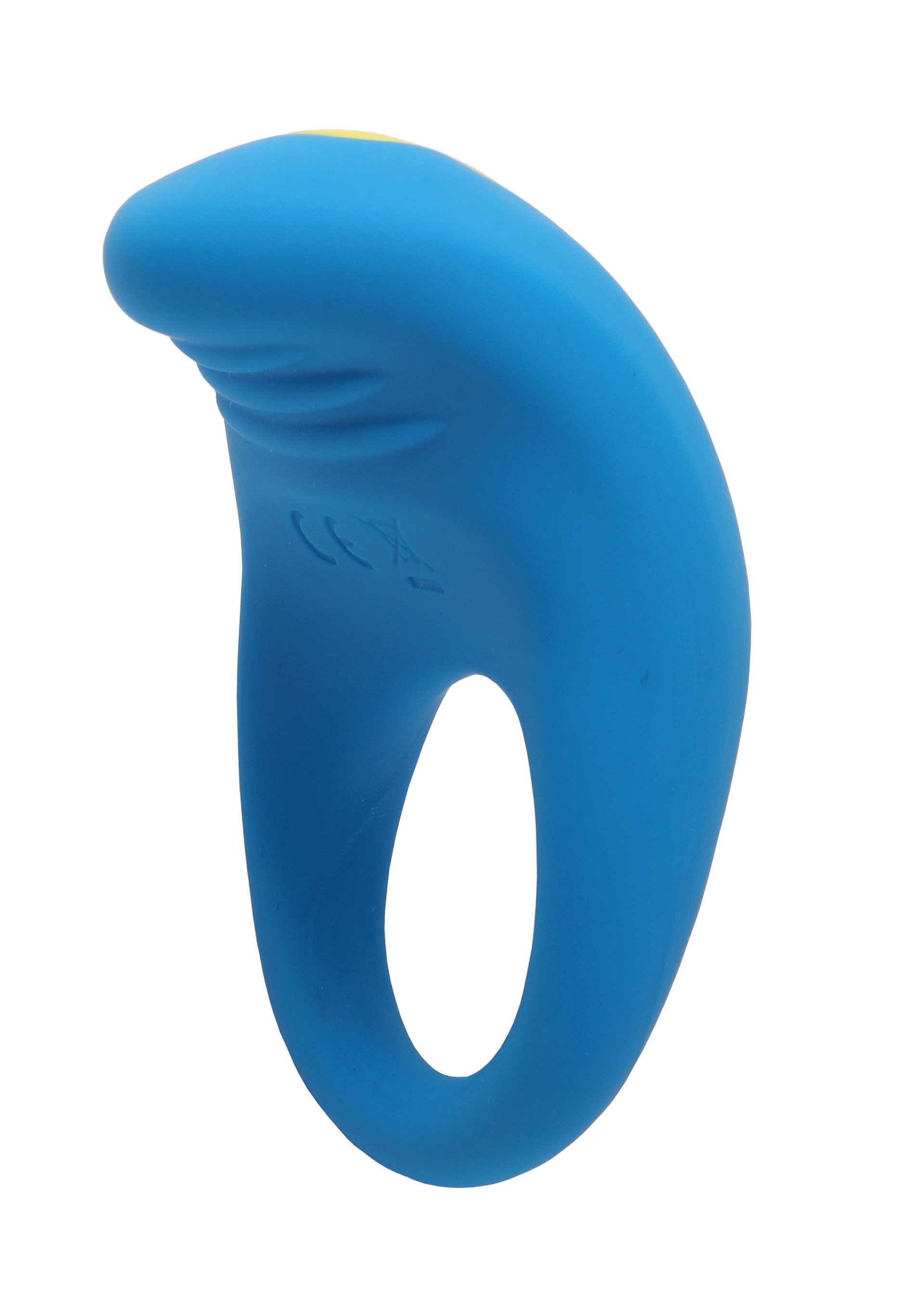 Juguete sexual azul, en forma de anillo, con punta amarilla y agujero ovalado. Fondo blanco.