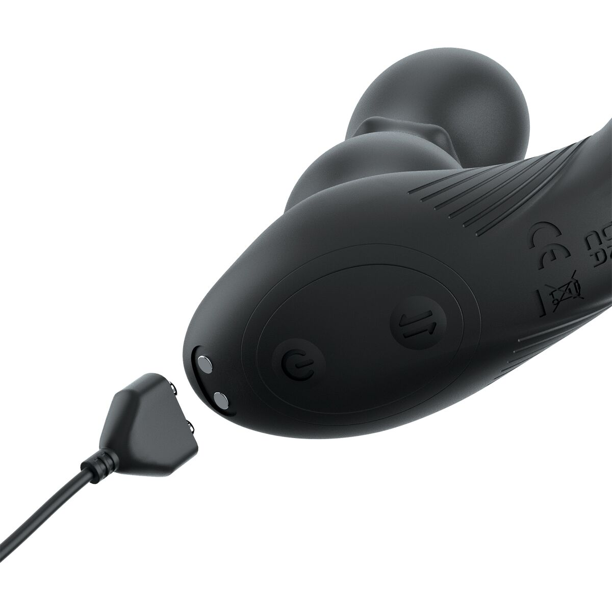 Ein schwarzes Sexspielzeug mit Ladekabel. Das Spielzeug hat ein knollenförmiges Ende, Knöpfe und einen Ladeanschluss. Das Kabel ist getrennt.