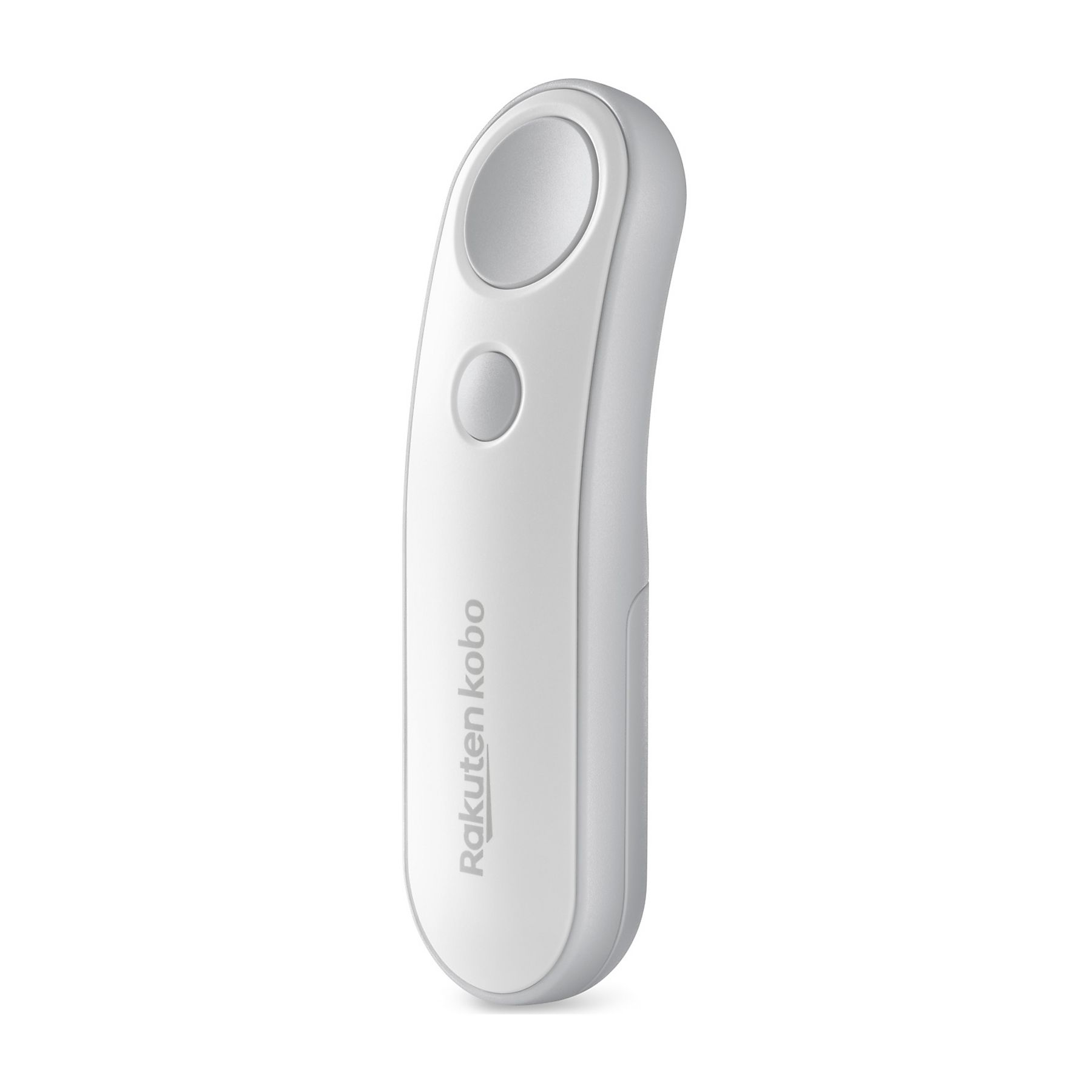 Un dispositivo Kobo blanco con el logo de Rakuten. Tiene dos botones y forma redondeada, sobre fondo blanco.