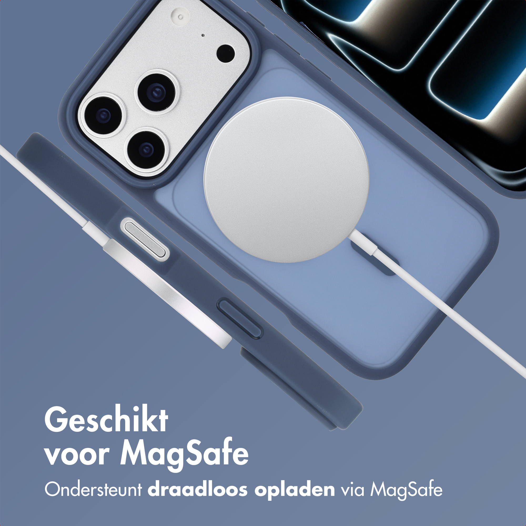 Un téléphone dans un étui bleu avec un chargeur MagSafe blanc. Le texte dit 'Convient pour MagSafe'.