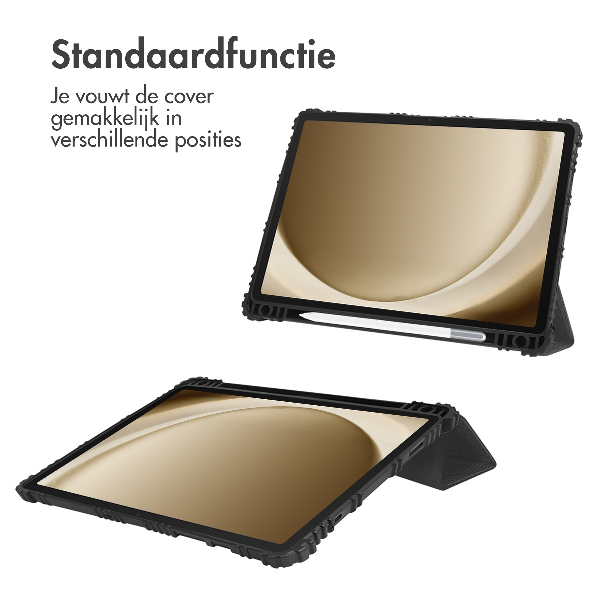 Two tablets in black cases, one propped up, the other flat. Both display a golden pattern. White background.