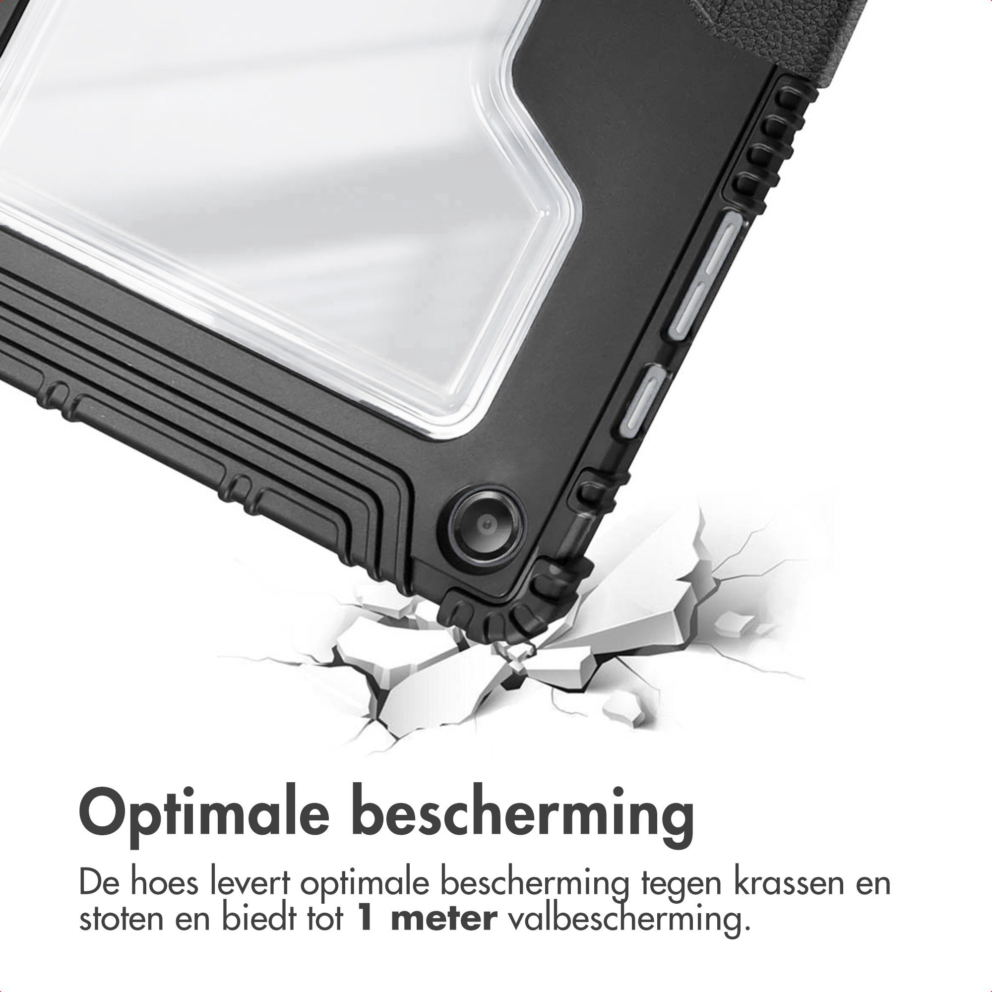 Black phone case with white screen, cracking a surface. Dutch text: Optimal protection. Provides protection against scratches and impacts.