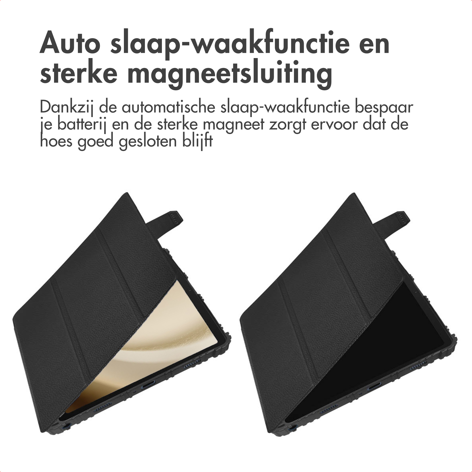 Two black tablet cases, open and closed, with text in Dutch. The open case reveals a screen. A magnetic closure is highlighted.
