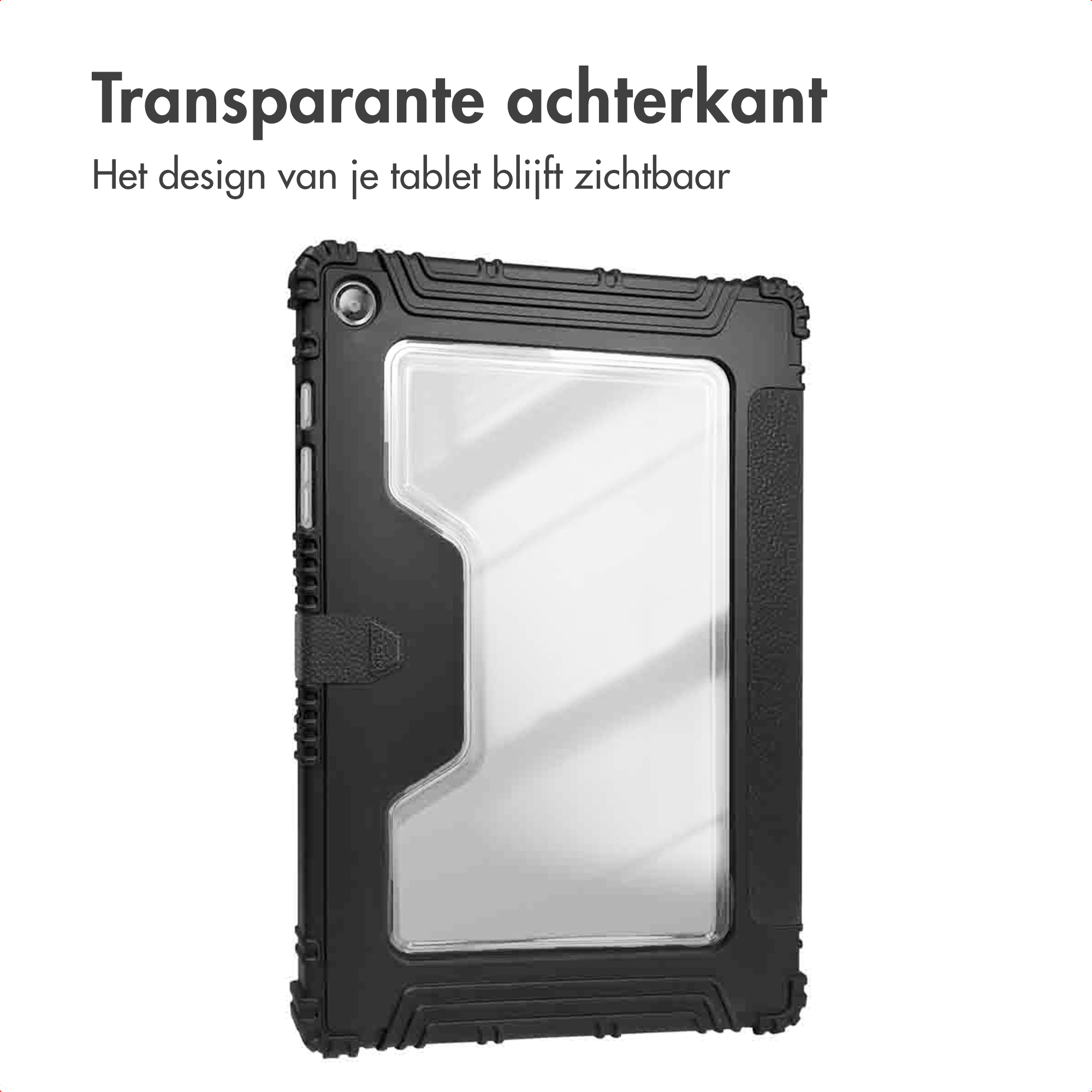 Black tablet case with a transparent back, showing the tablet design. The case has a textured design and buttons.