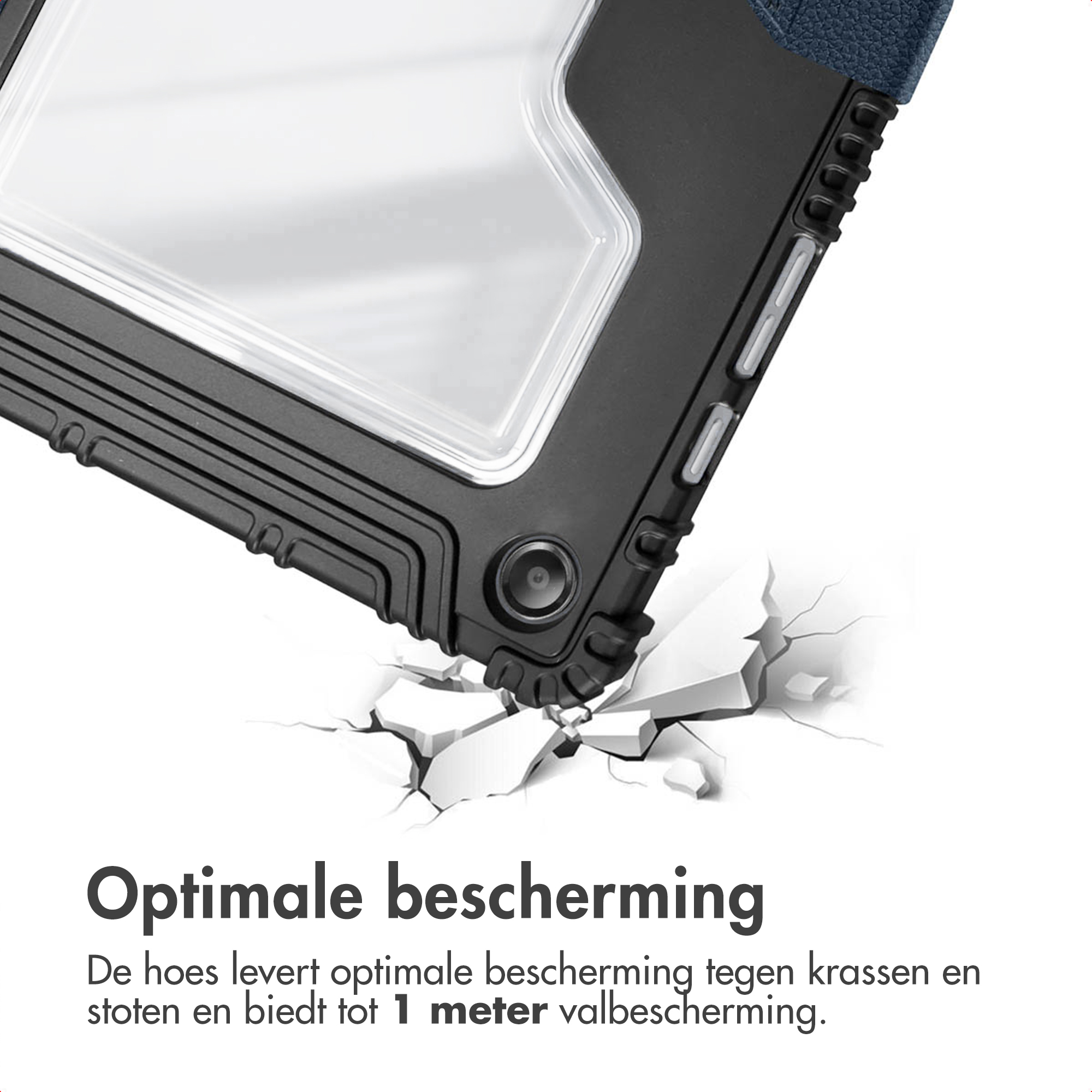 A black tablet case appears to be dropped, cracking the ground below. Text reads 'Optimal protection'.