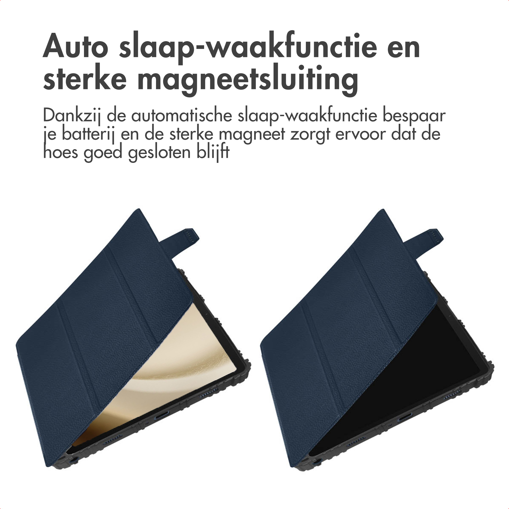 Image shows two tablet cases. The left is open, the right is closed. Text in Dutch about features and magnetic closure.