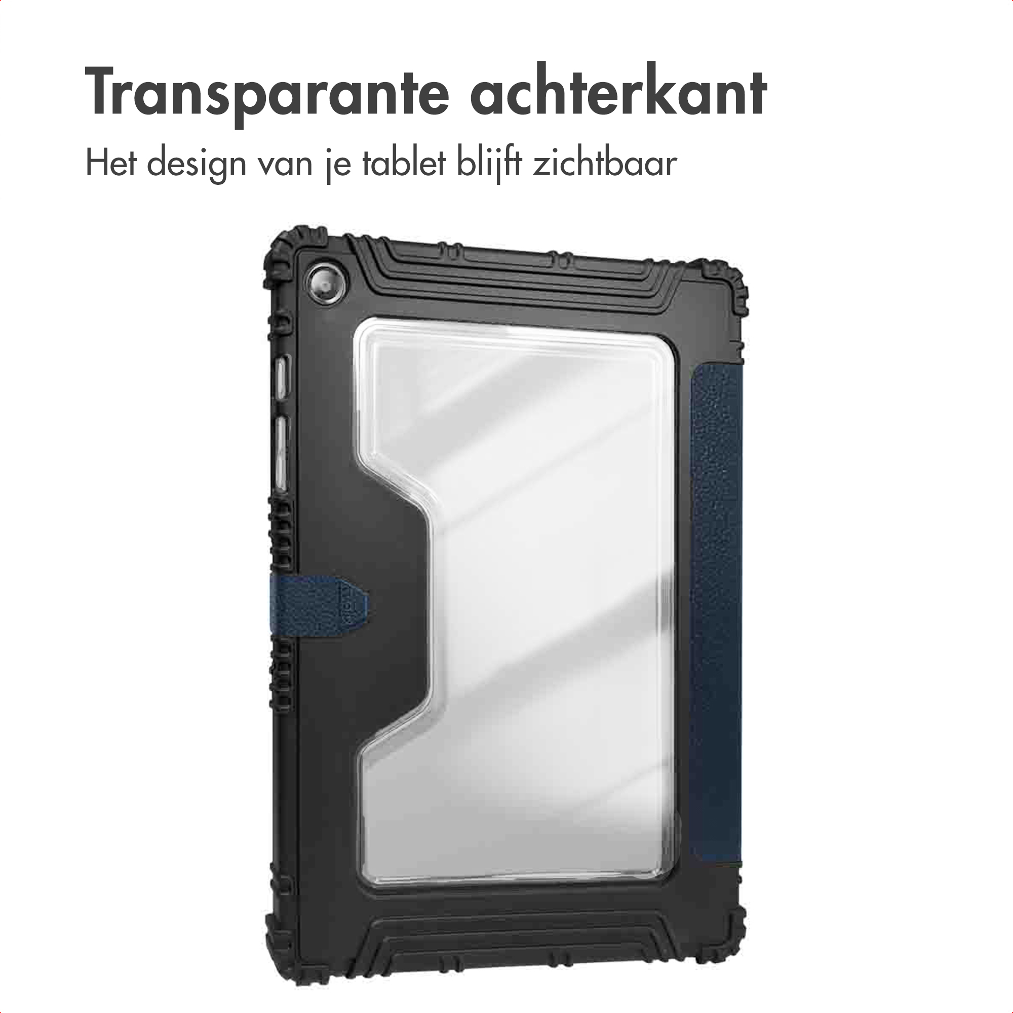 Tablet case with transparent back. Black frame, blue side. White background and text at top.