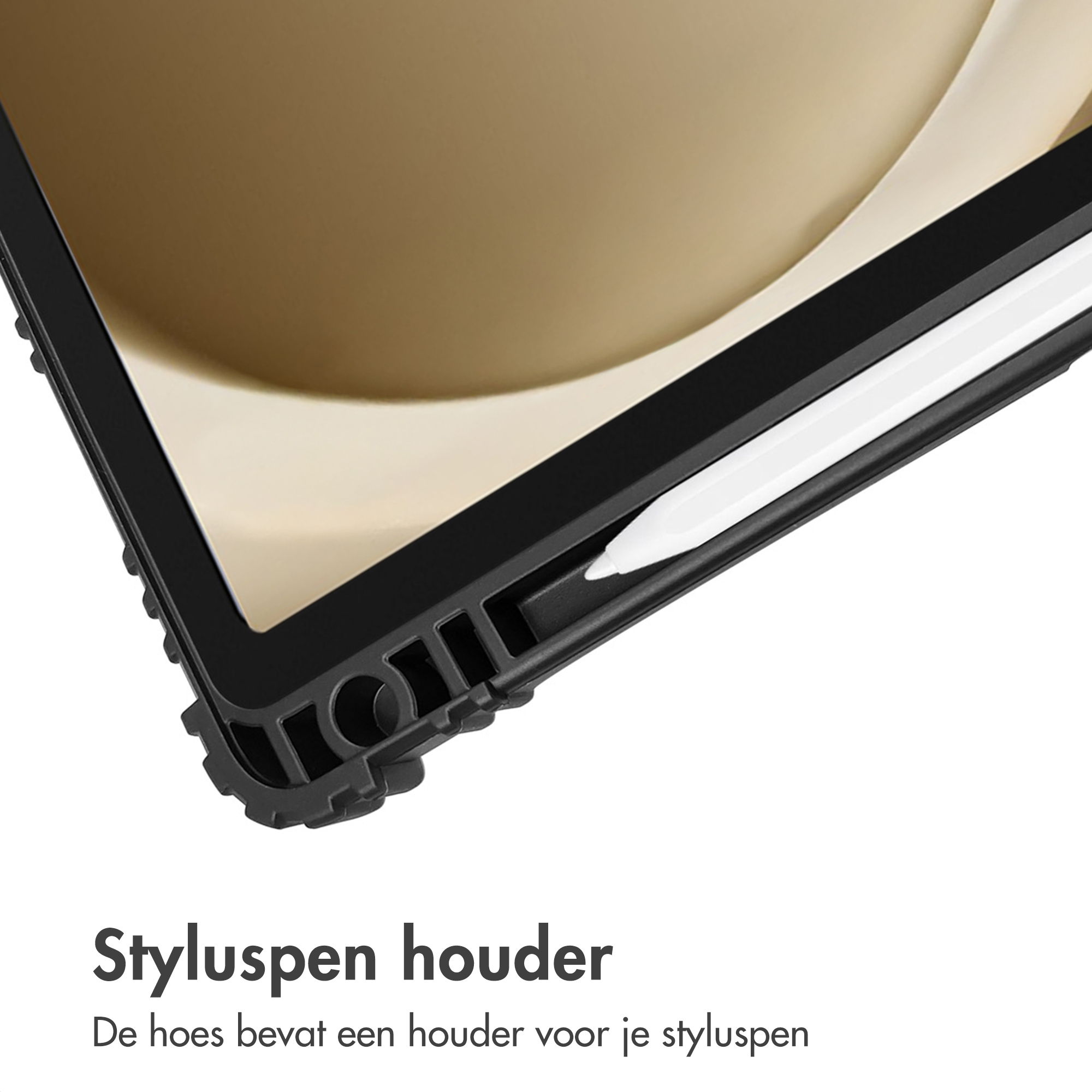 Black tablet case with white stylus pen. The case has a holder for the stylus. Beige background.