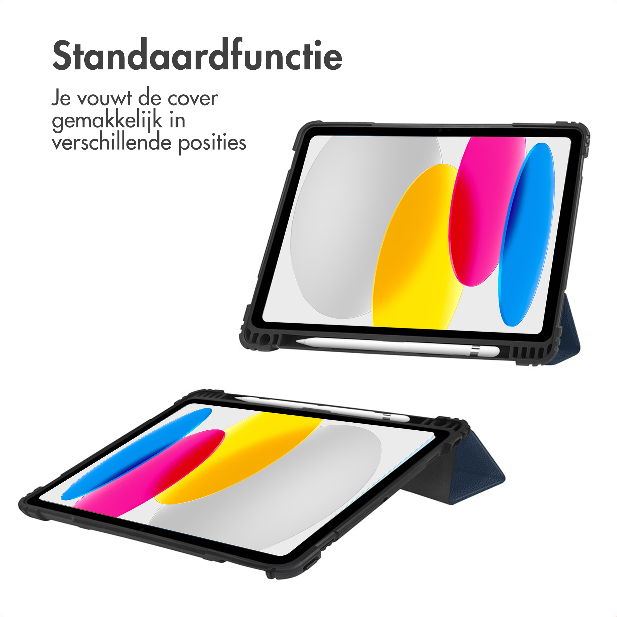 Two tablets with colorful screens and black cases. One is upright, the other angled. Text reads 'Standard function'.