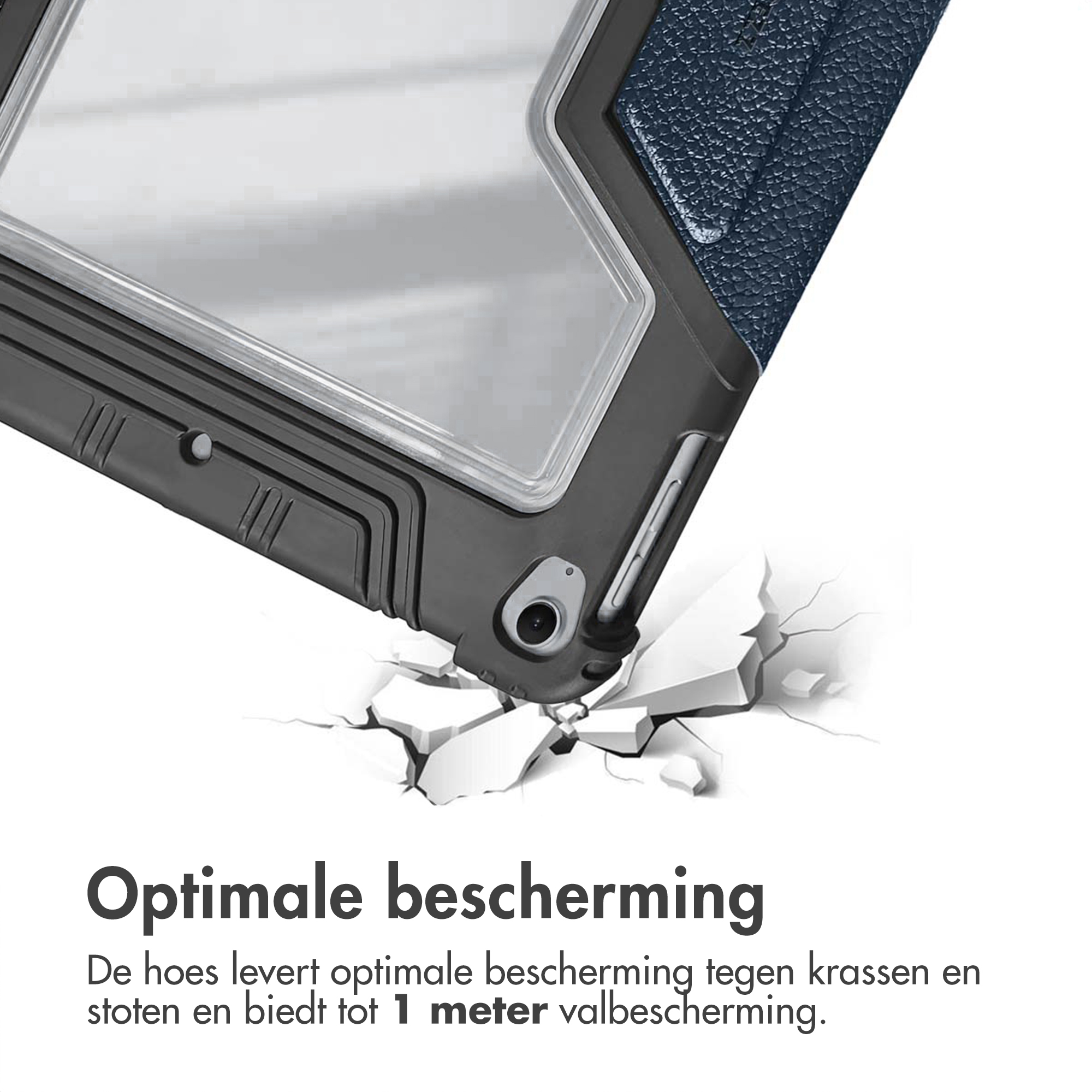 A tablet case, dark gray and blue, seemingly dropped, with cracked ground below. Text reads 'Optimal protection'.