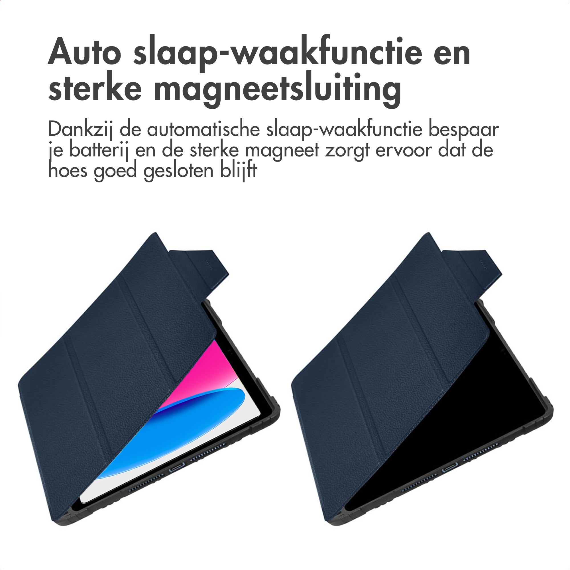 Image shows two tablet cases. One open, showing a screen. Both cases are dark blue.