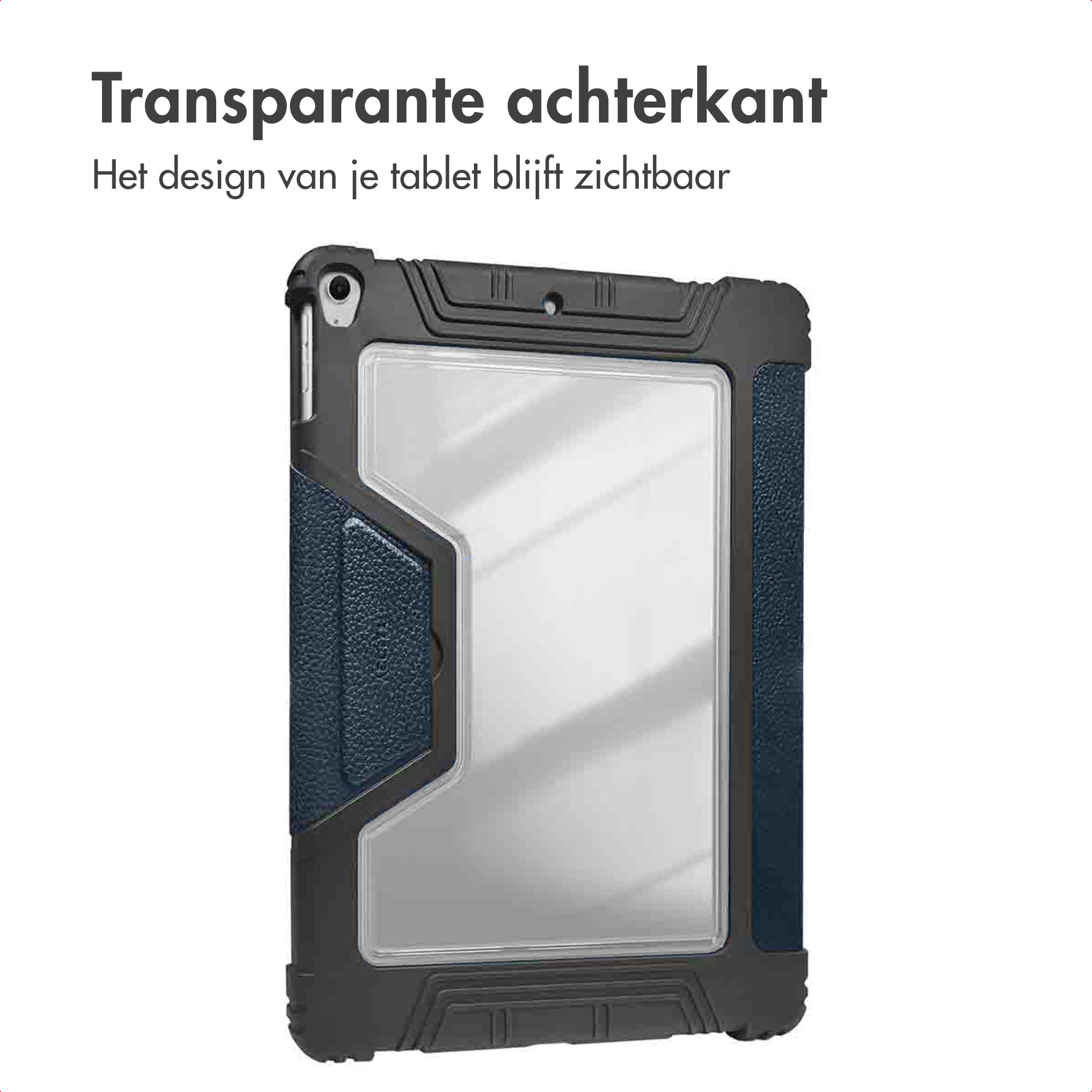 Tablet case with transparent back and dark blue sides. The case is black and protects the tablet.