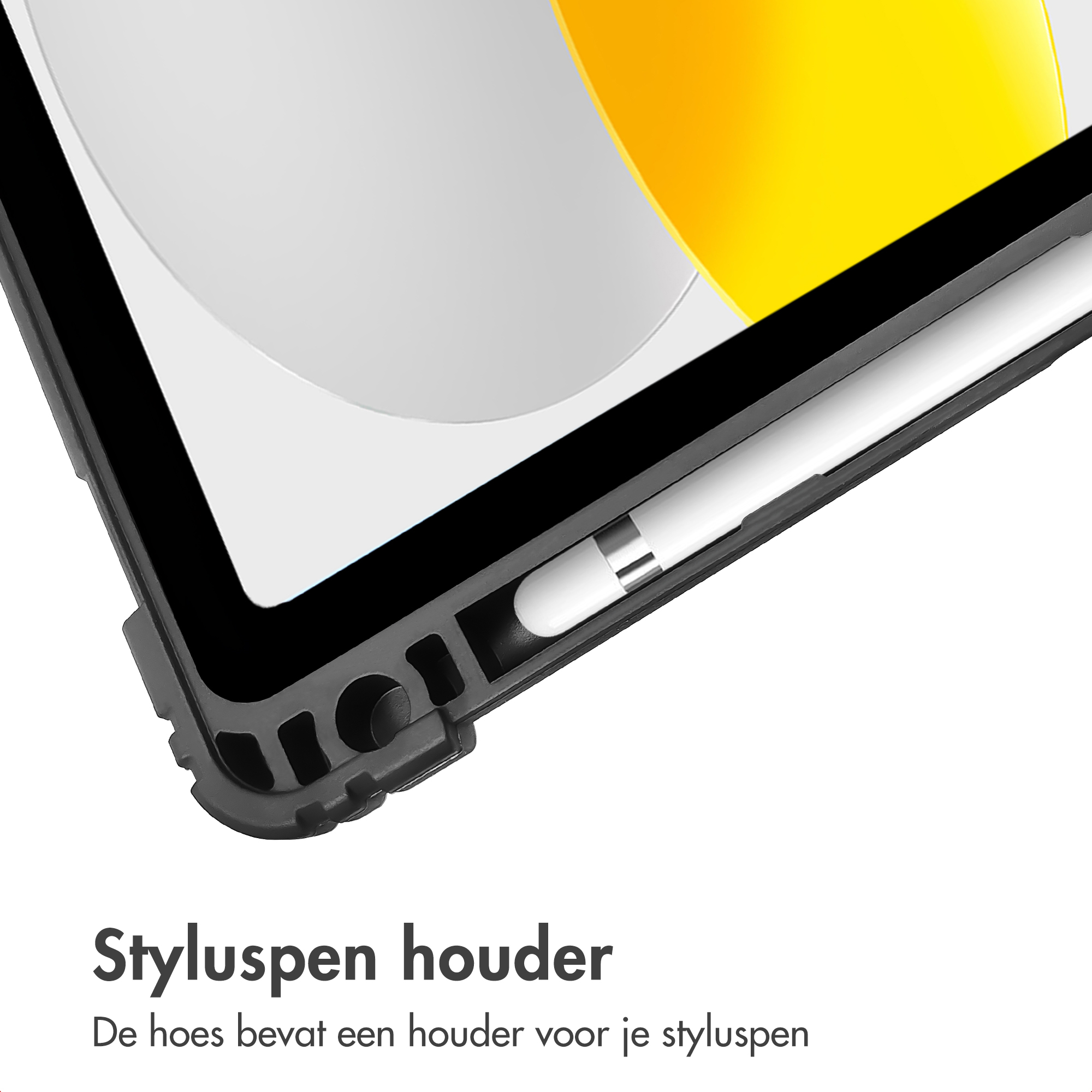 A tablet with a stylus holder. The tablet is in a black case. A white stylus is inserted. White and yellow background.