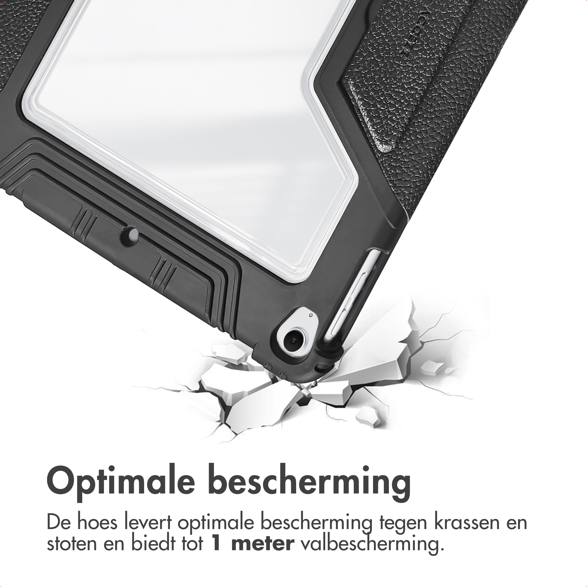 Black tablet case being dropped. The case is hitting a surface, causing it to crack. Text says 'Optimal protection'.