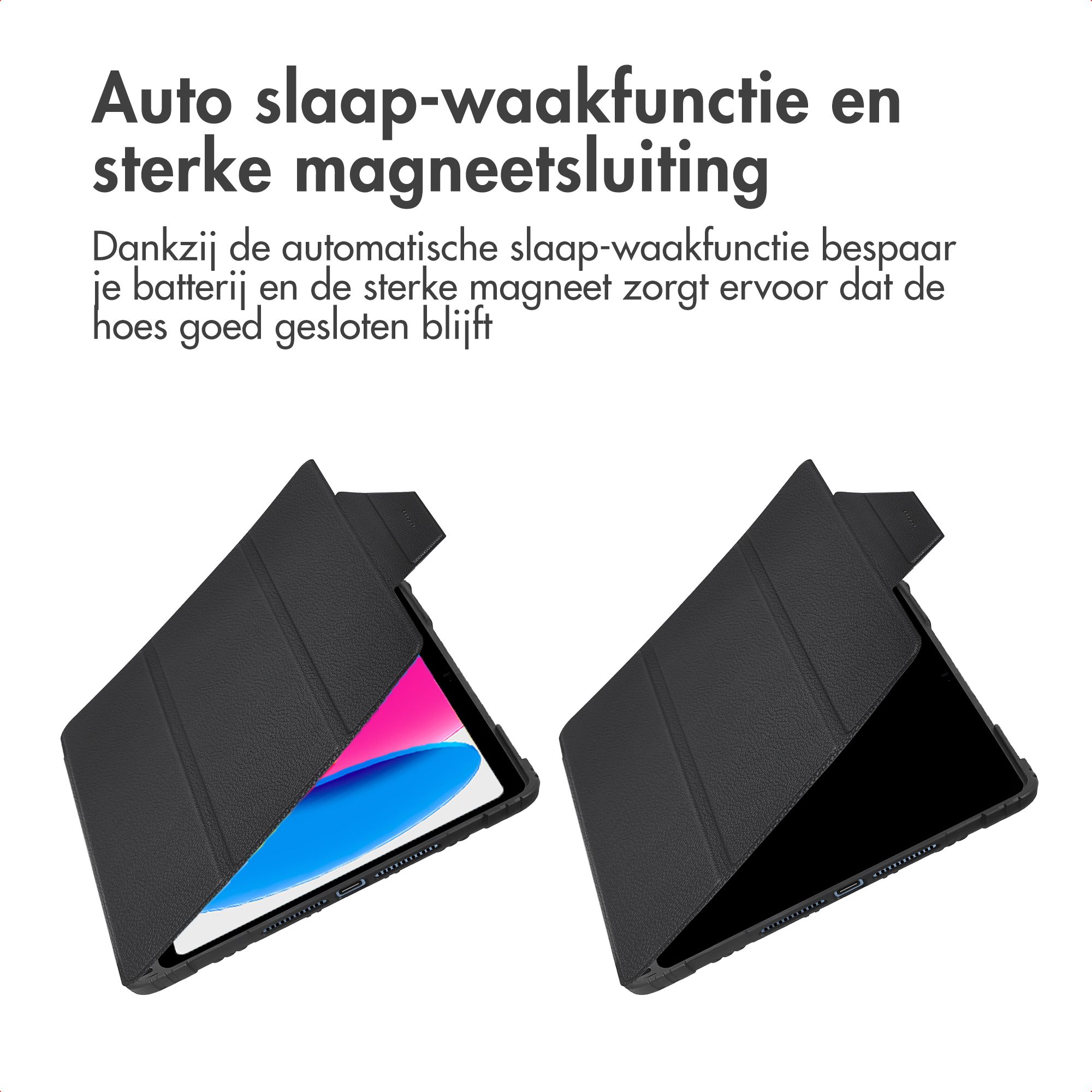 Image shows a black tablet case with a tablet inside. Text at the top describes the case's features.