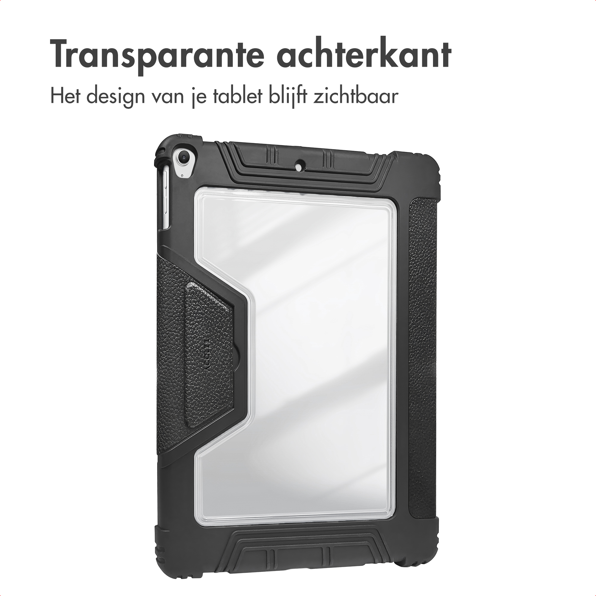 A black tablet case with a transparent back, showing the tablet's design. The case is on a white background.