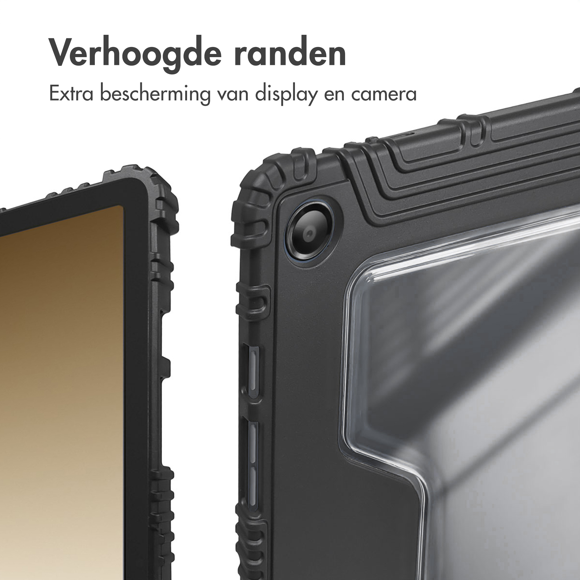 Black tablet case with raised edges. The case has a camera cutout and protects the display.