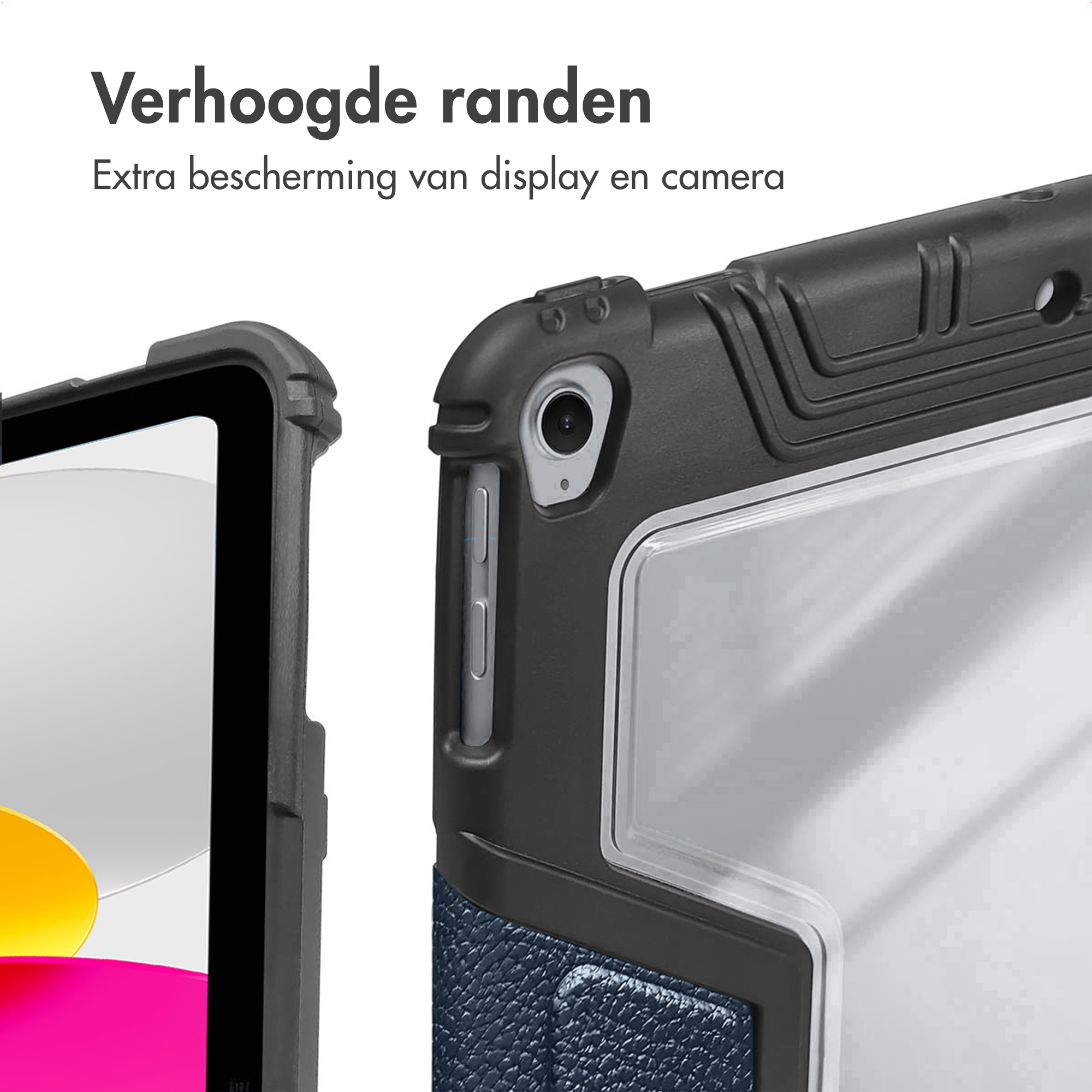 Close-up of a tablet case. The black case shows camera and screen protection. Text: Extra protection.