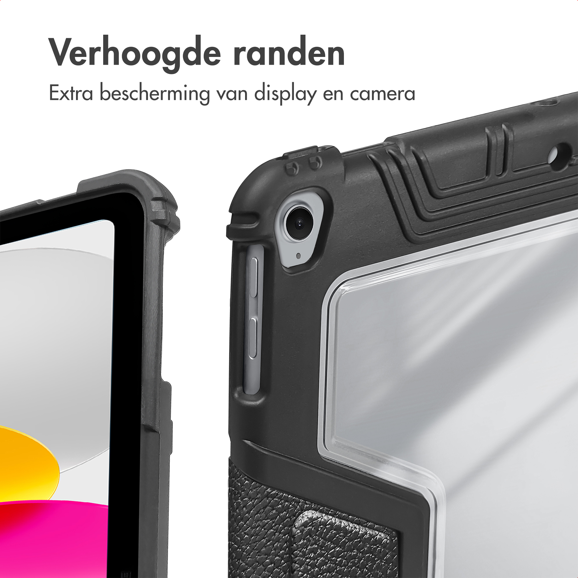 Close-up of a black tablet case, showing raised edges for screen and camera protection. Details of the case and tablet are visible.