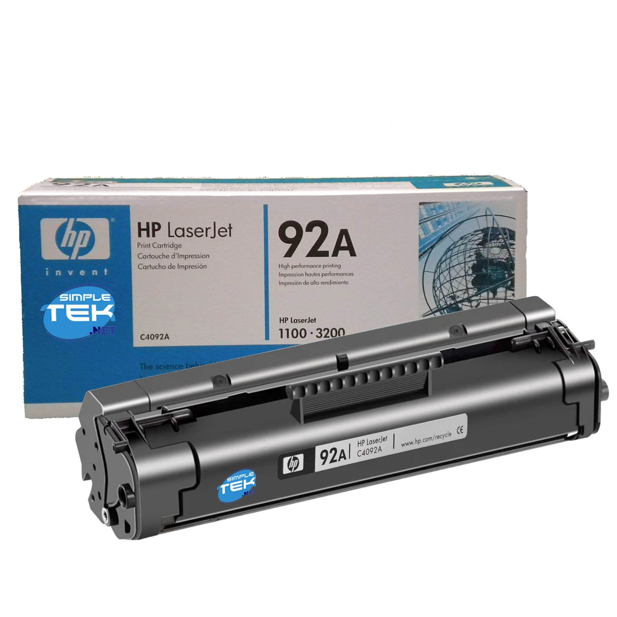 Una cartuccia toner HP LaserJet 92A e la sua scatola sono mostrate. La scatola è blu e bianca, con la cartuccia davanti.
