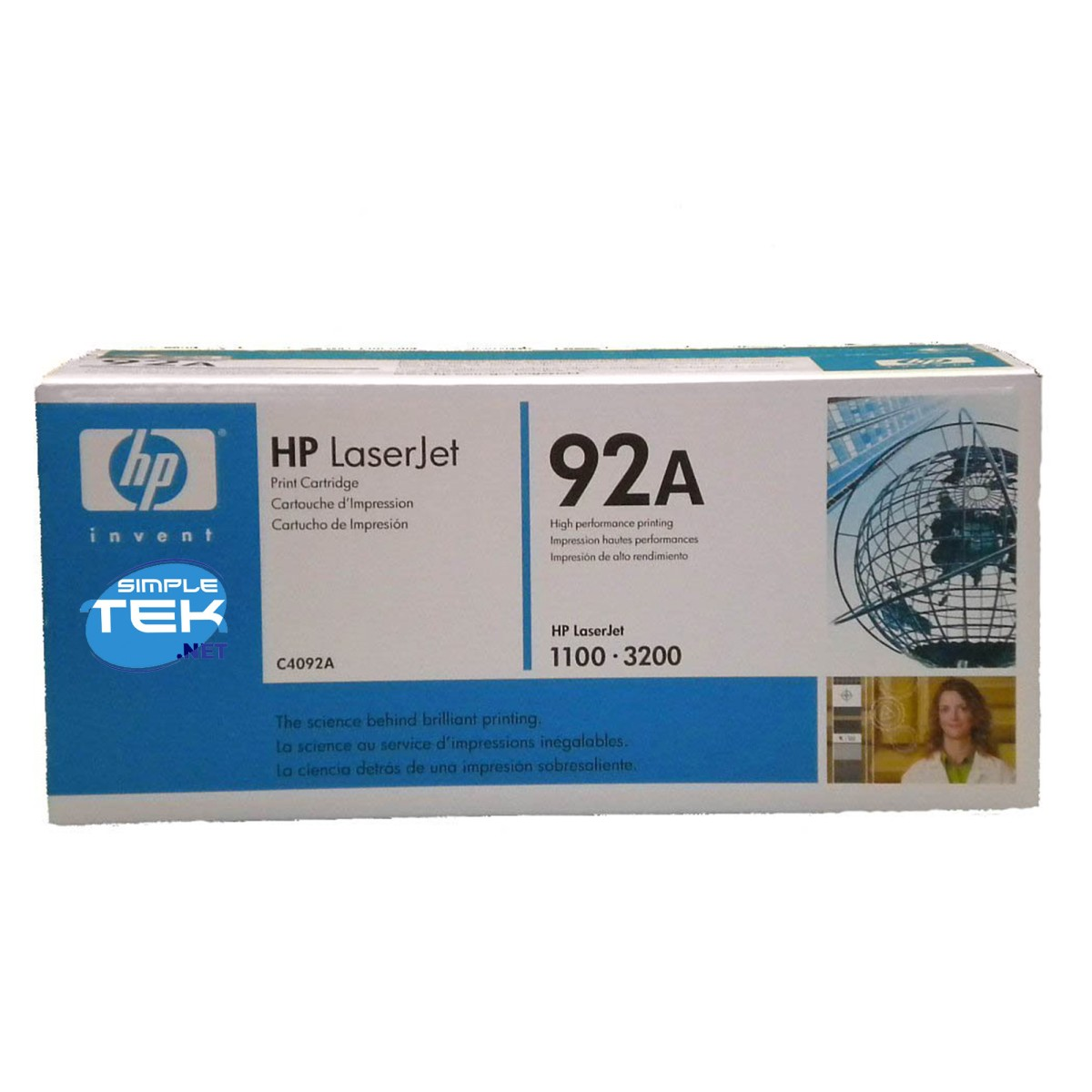 Una scatola di cartucce di stampa HP LaserJet 92A. Ha colori blu e bianco e del testo.