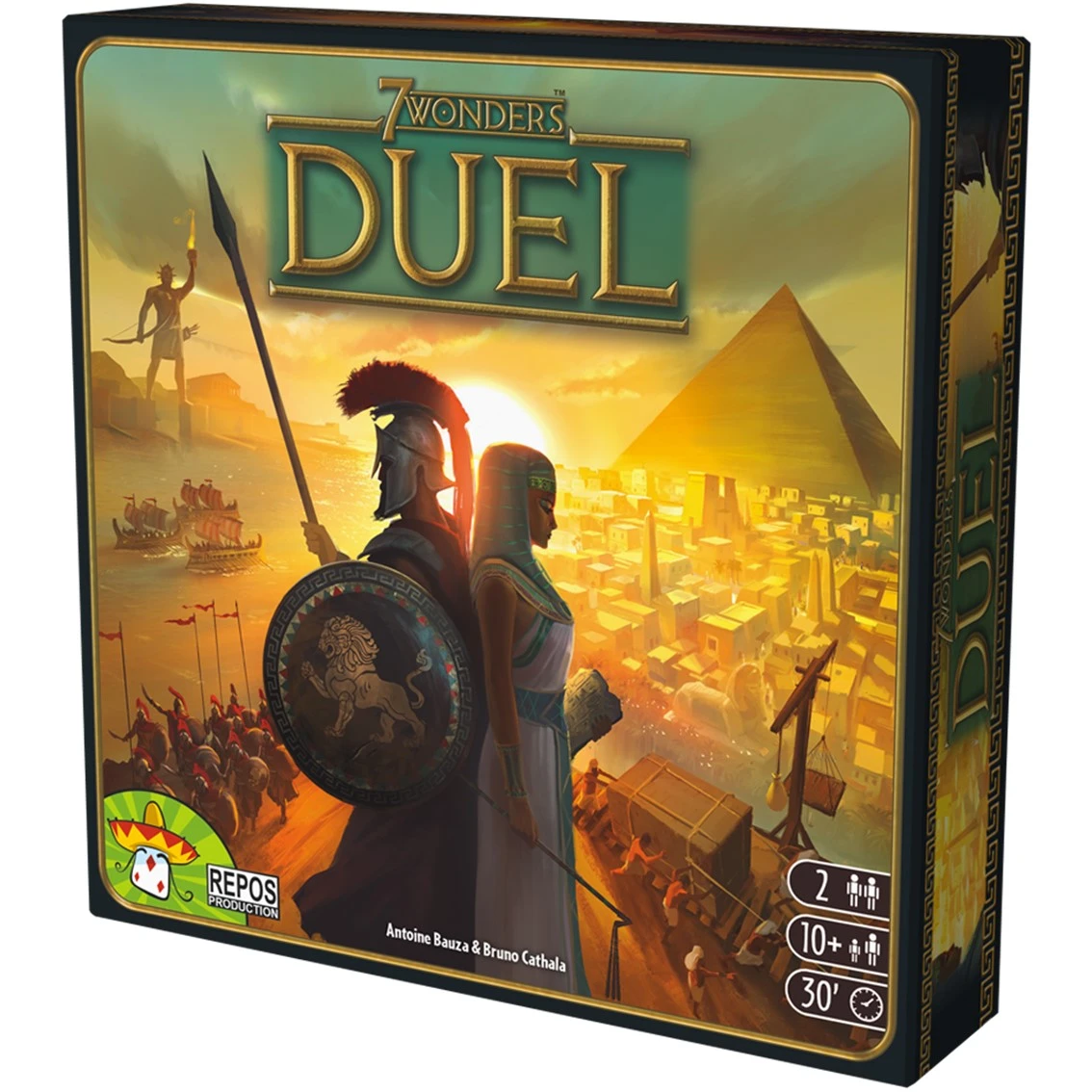 Arte de la caja del juego de mesa 7 Wonders Duel. Presenta un soldado romano y una mujer, pirámides, barcos y una ciudad al atardecer.