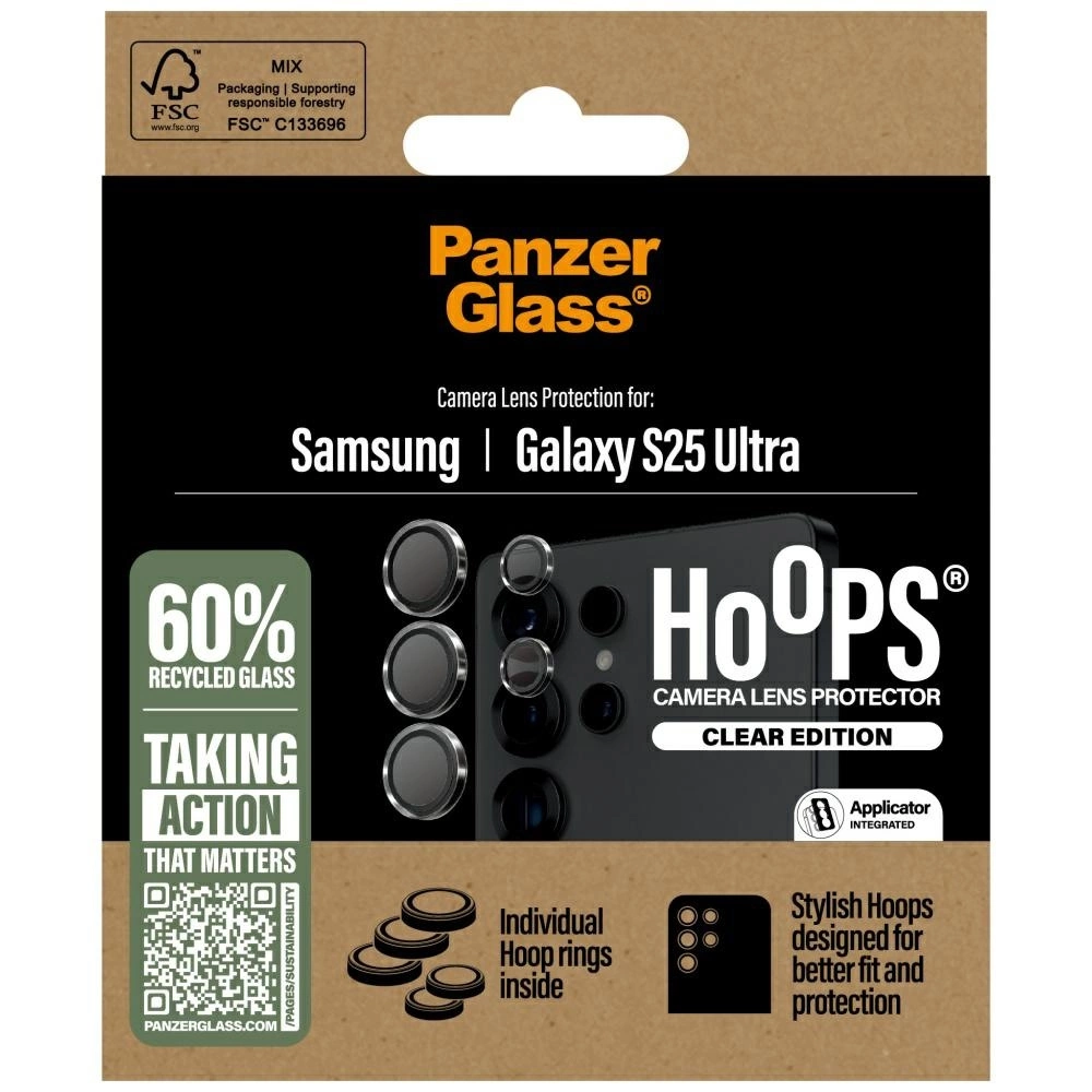 Confezione per protezione lenti fotocamera Samsung Galaxy S25 Ultra. Caratteristiche: vetro riciclato, cerchi e applicatore.