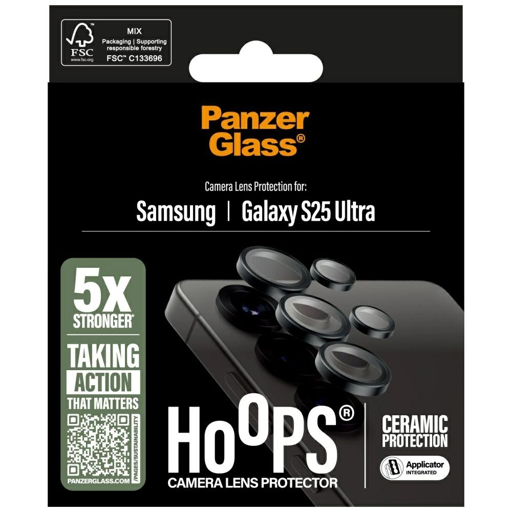 Czarne pudełko z logo Panzer Glass. Zawiera telefon z osłonami obiektywu aparatu. Tekst zawiera 'Samsung Galaxy S25 Ultra'.